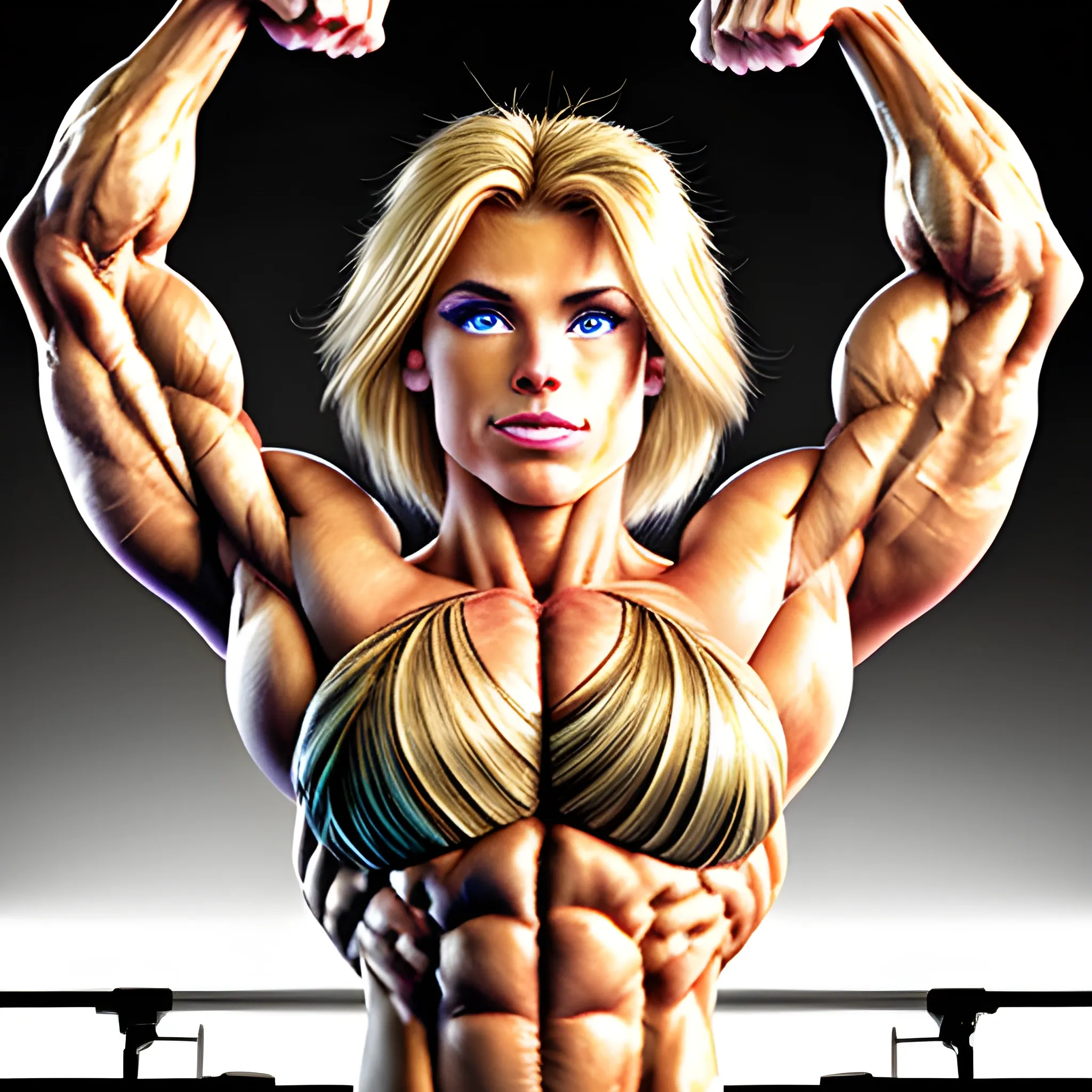 photorealistic 20 year old blonde haired super musculature woman female bodybuilder competing, ((((striated pecs)))), view from front 