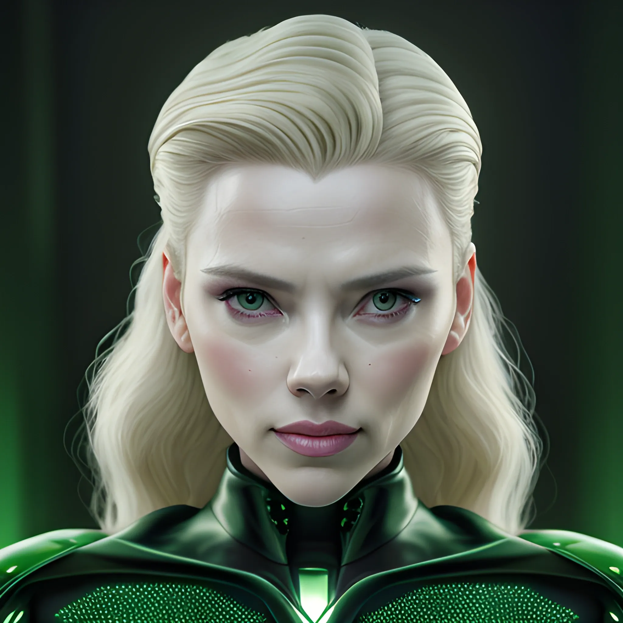 Scarlett Johannsen as Trinity in Matrix, green tones, solemn and elegant, professional photography, best quality, ultra high res, photorealistic, very detailed, very fine hair, detailed skin, HD, photorealistic, brilliant teeth