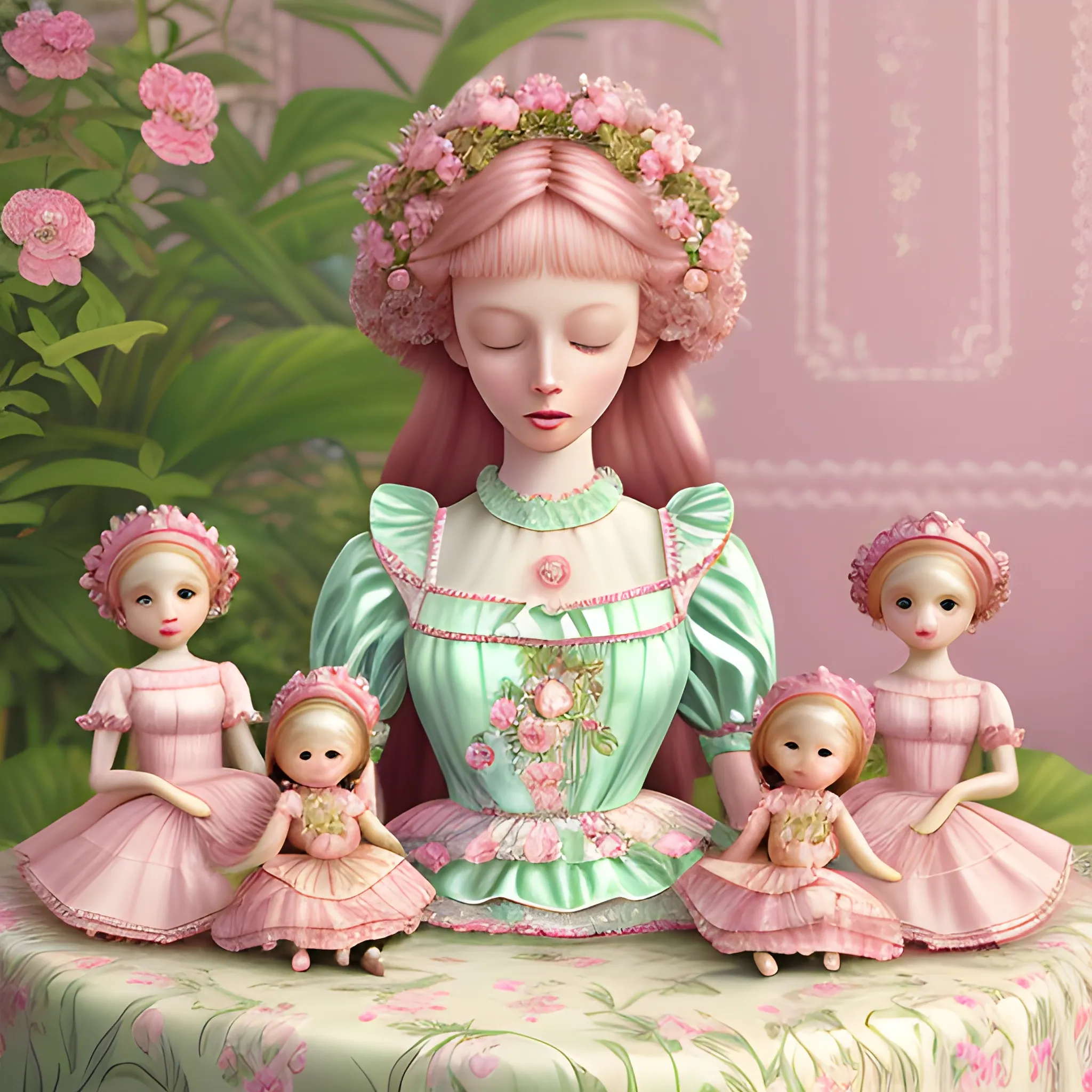  An isolated scene showcasing the enchanting dolls of Irina Kirilchik, surrounded by lush floral patterns in shades of pink and light green, evoking a sense of tranquility and nostalgia, using Blender for realistic fabric simulation and soft lighting effects, designed as a serene and harmonious composition in a circular format.
