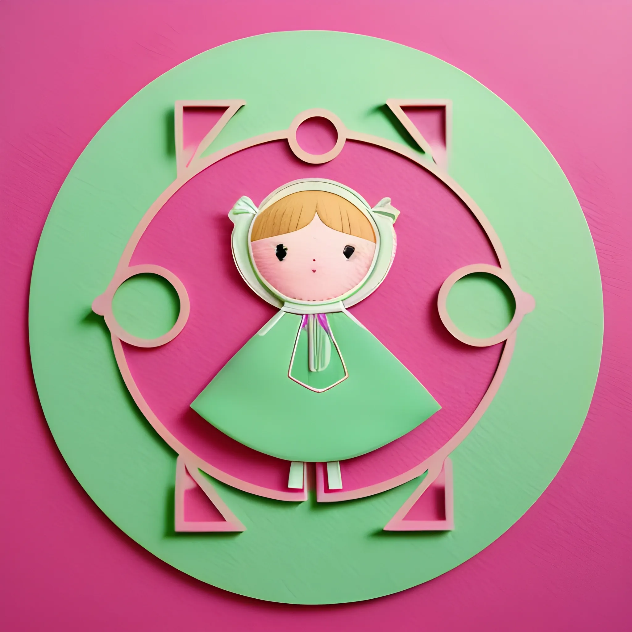  A Pictorial Mark logo of private sewing of textile dolls for the interior, pink and light green color scheme, isolated, in a circle, by Irina Kirilchik, "Small joys for big people", modern, whimsical, vibrant, white background --ar 1:1 --no text, realistic photo details, shadows

