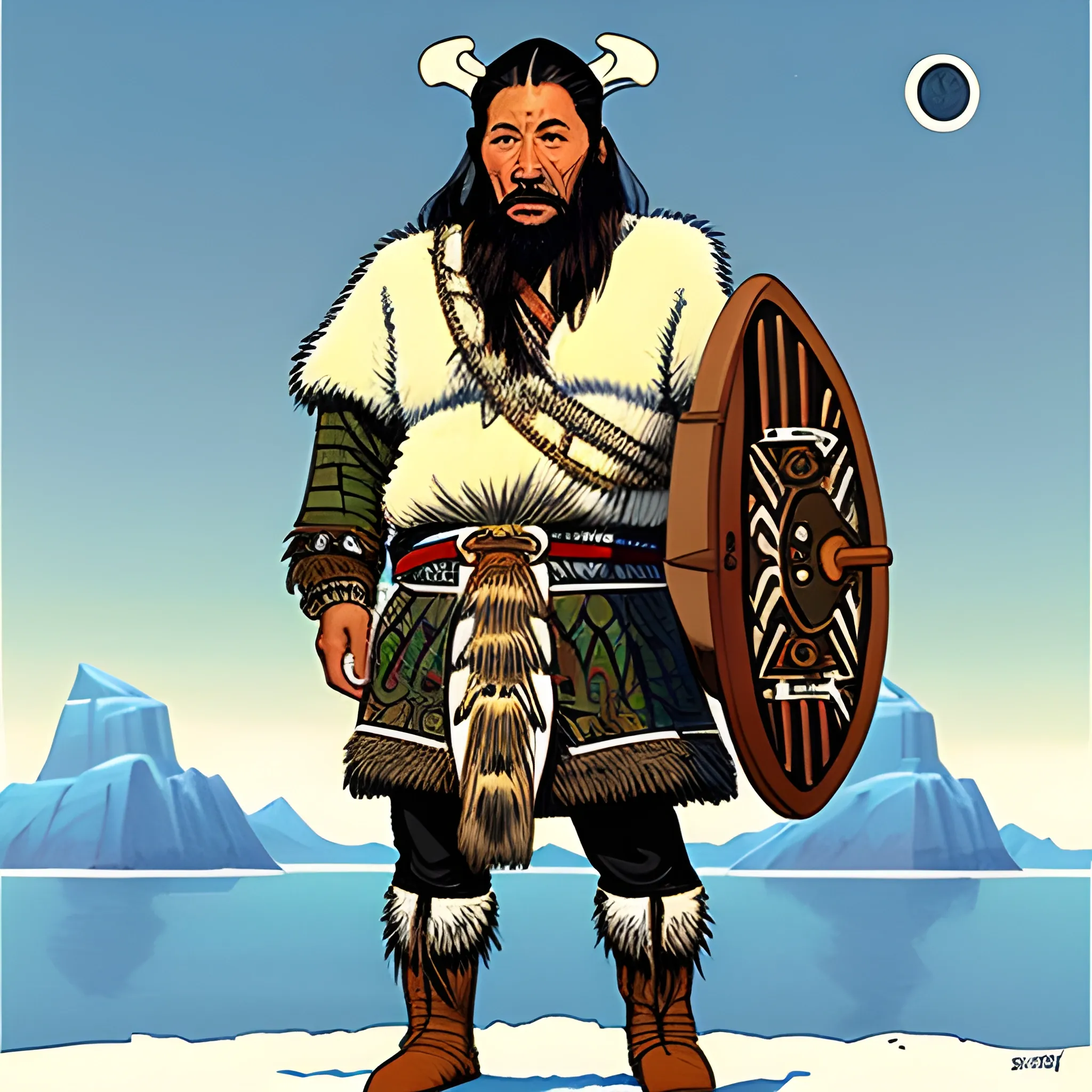 Inuit chief, full body, with viking chieftain clothes, with aspects of Inuit design, looking of into the distance, down ion Jean Giraud's art style