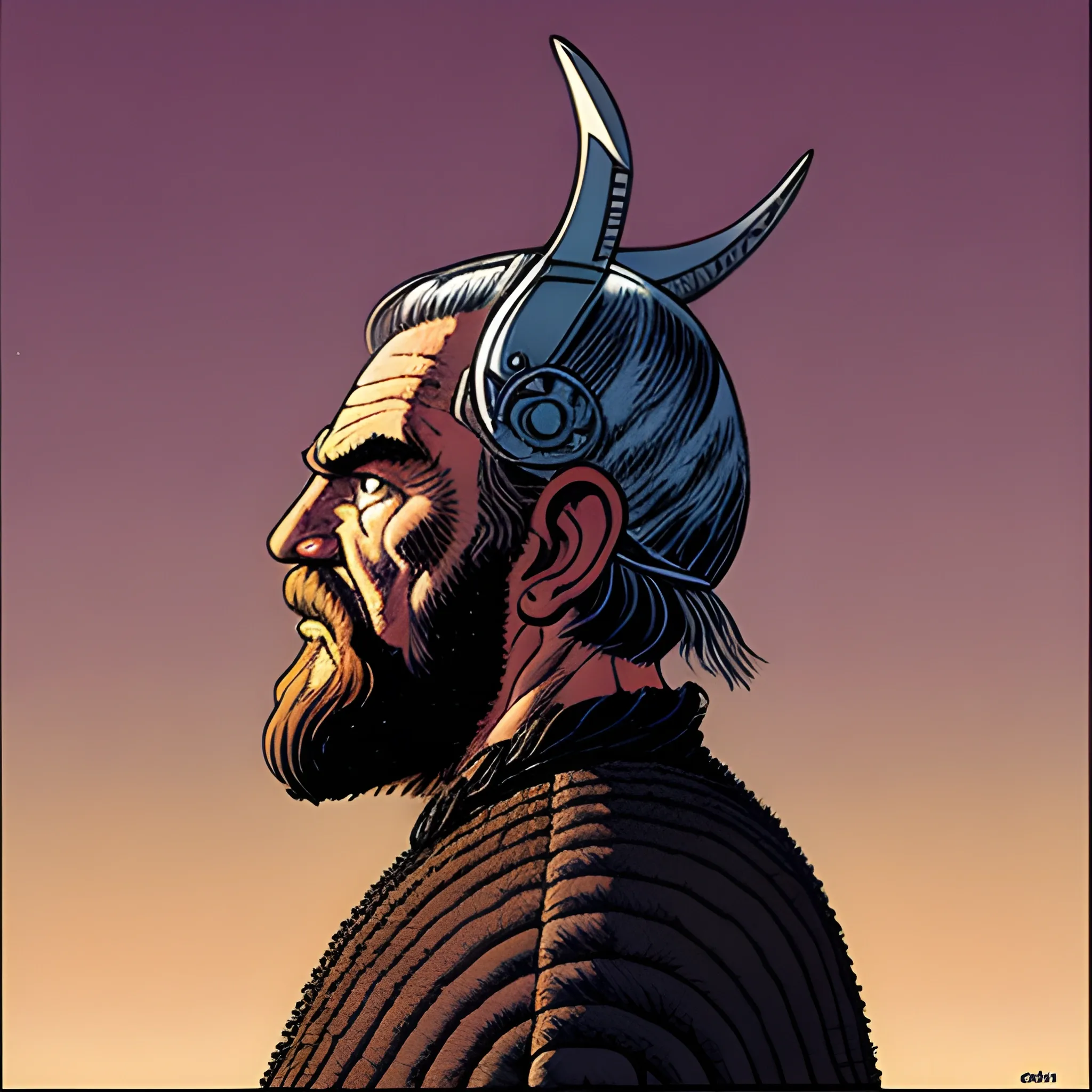 viking chieftain looking off in the distances, Drawn in Jean Giraud's art style