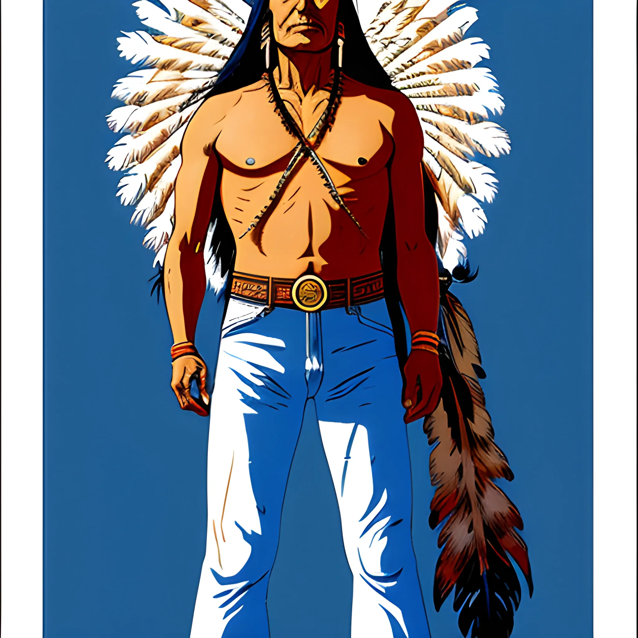 Native American chief, Croatan Indian, with blue eyes looking off in the distances, full body, Drawn in Jean Giraud's art style