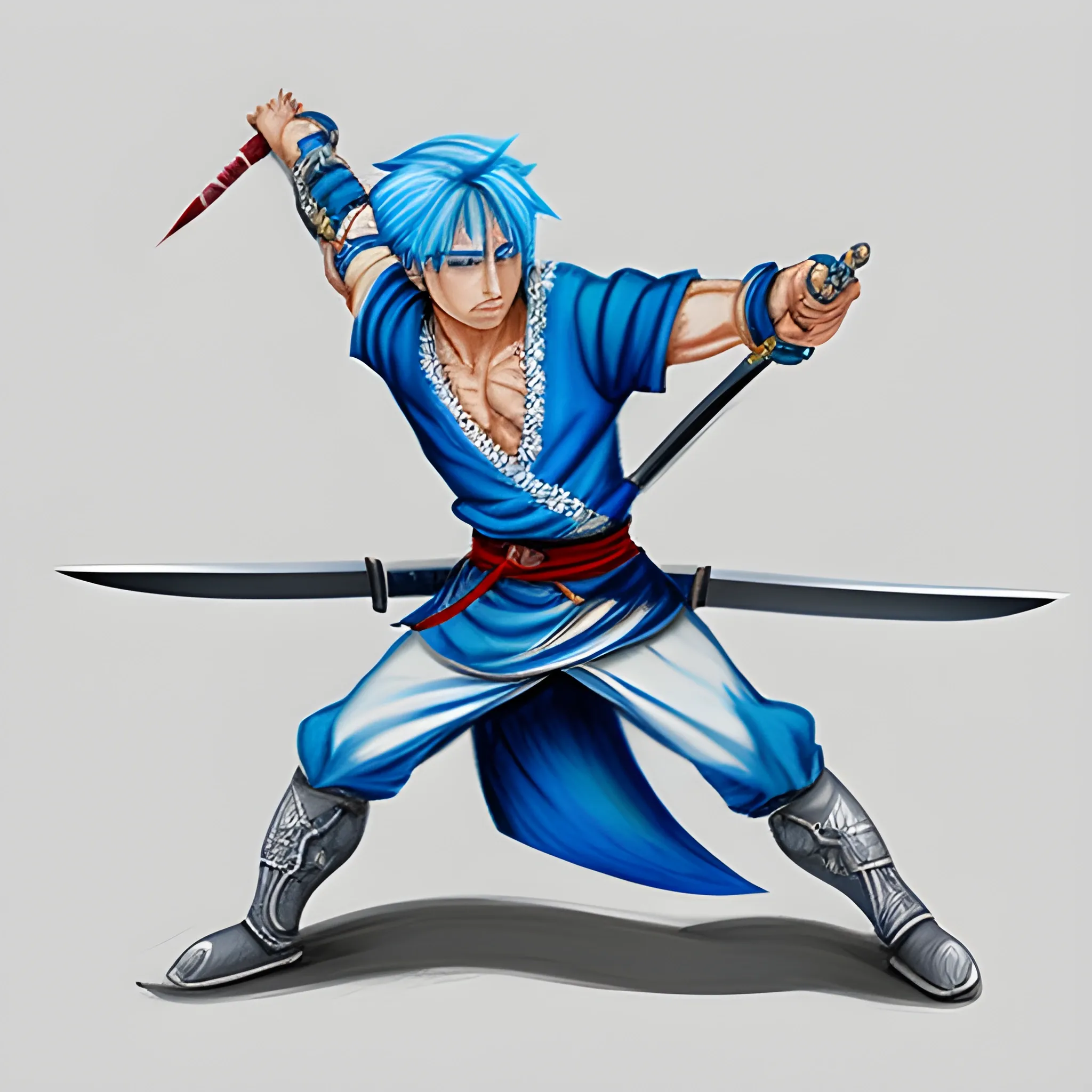 powerful swordsman with blue hair wielding 2 swords, Cartoon, Pe ...