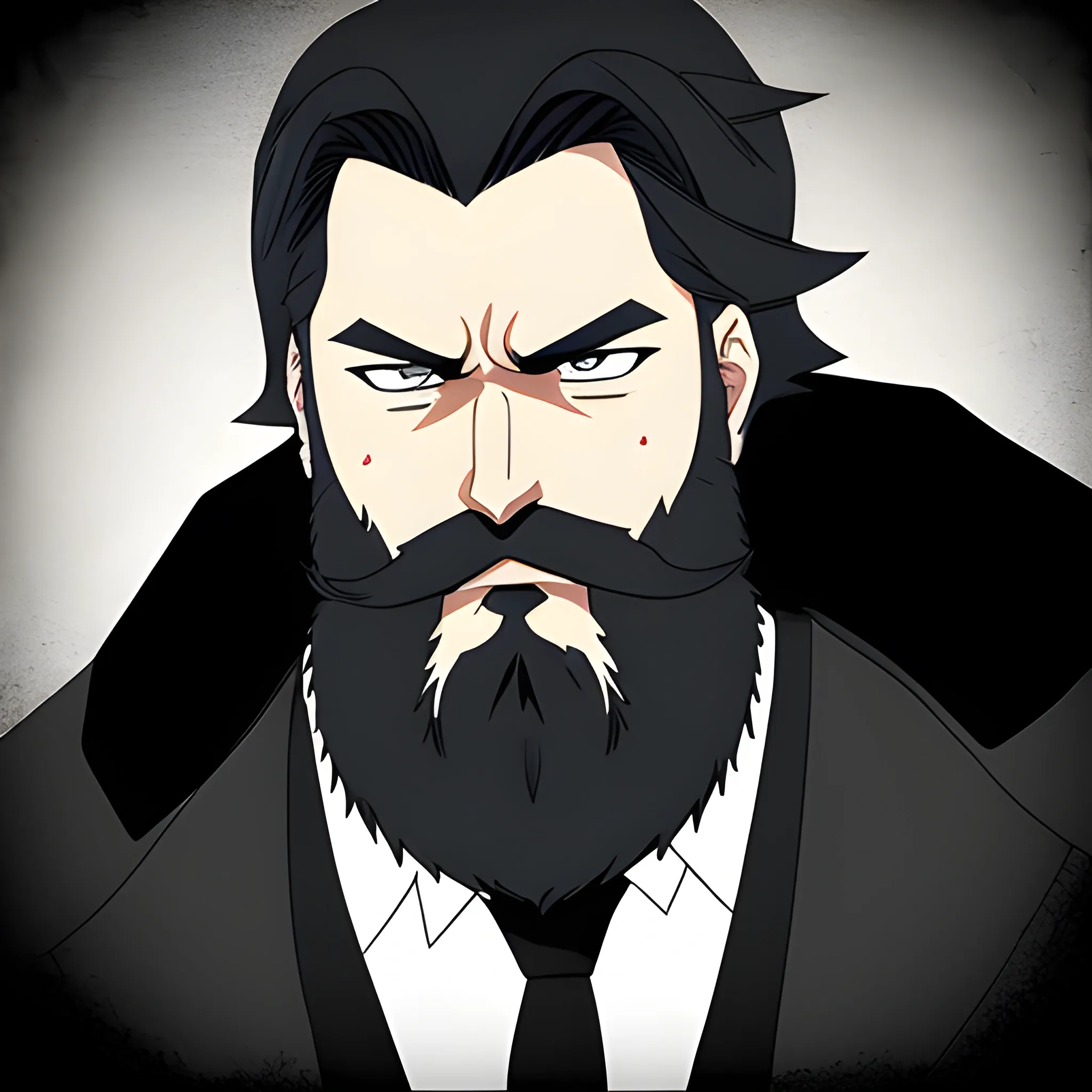 a mysterious man with a beard and a serious face. anime style, - Arthub.ai