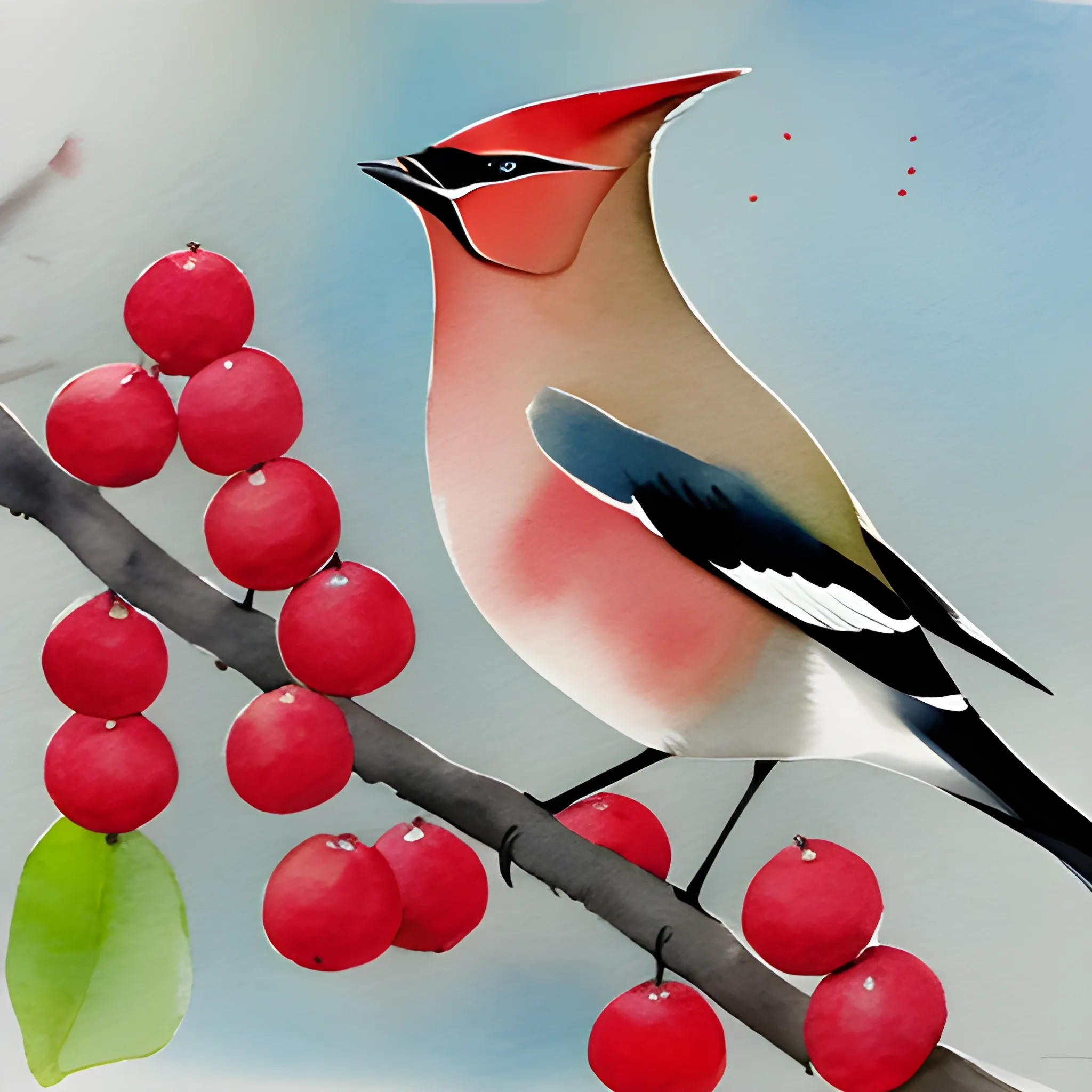 Waxwing  eating s berry, Water Color