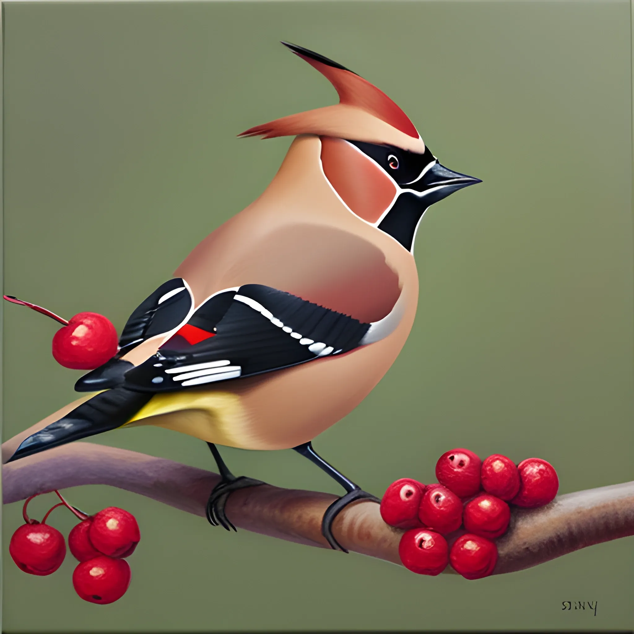 Waxwing  eating s berry, , Oil Painting