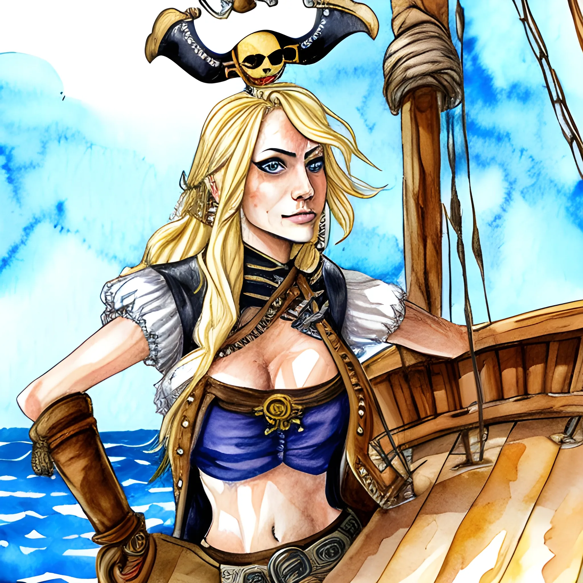 Blonde pirate woman on a pirate ship, Water Color