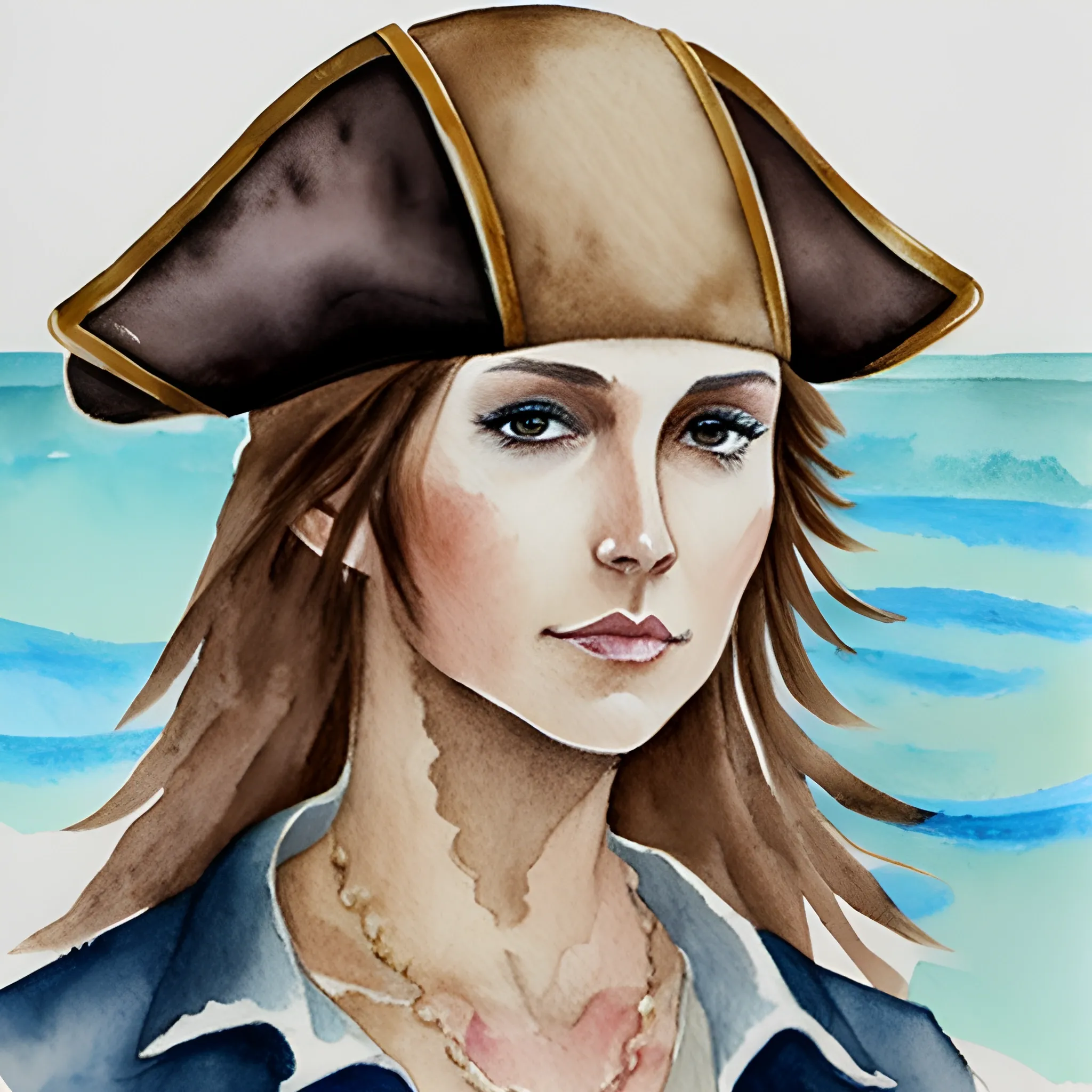 Brown haired pirate woman , with hat, Water Color