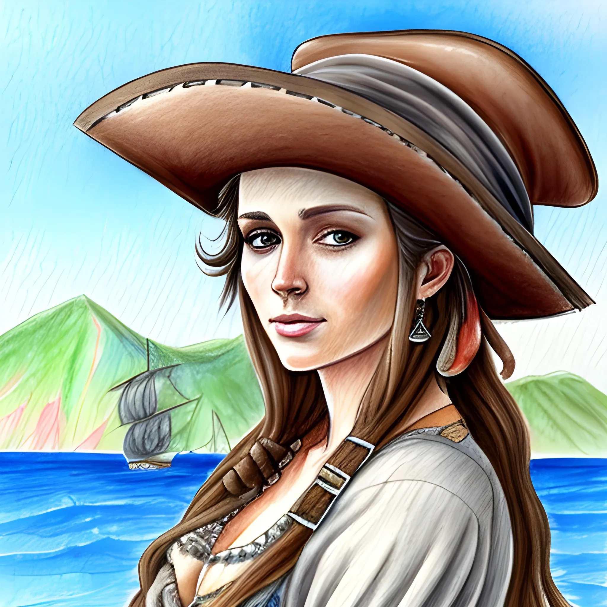 Brown haired pirate woman , with hat, Water Color,, Pencil Sketch
