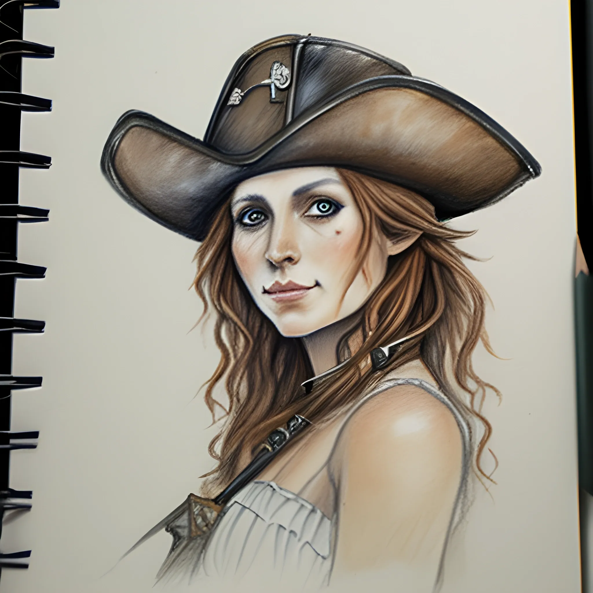 Brown haired pirate woman , with pirate hat, Water Color,, Pencil Sketch