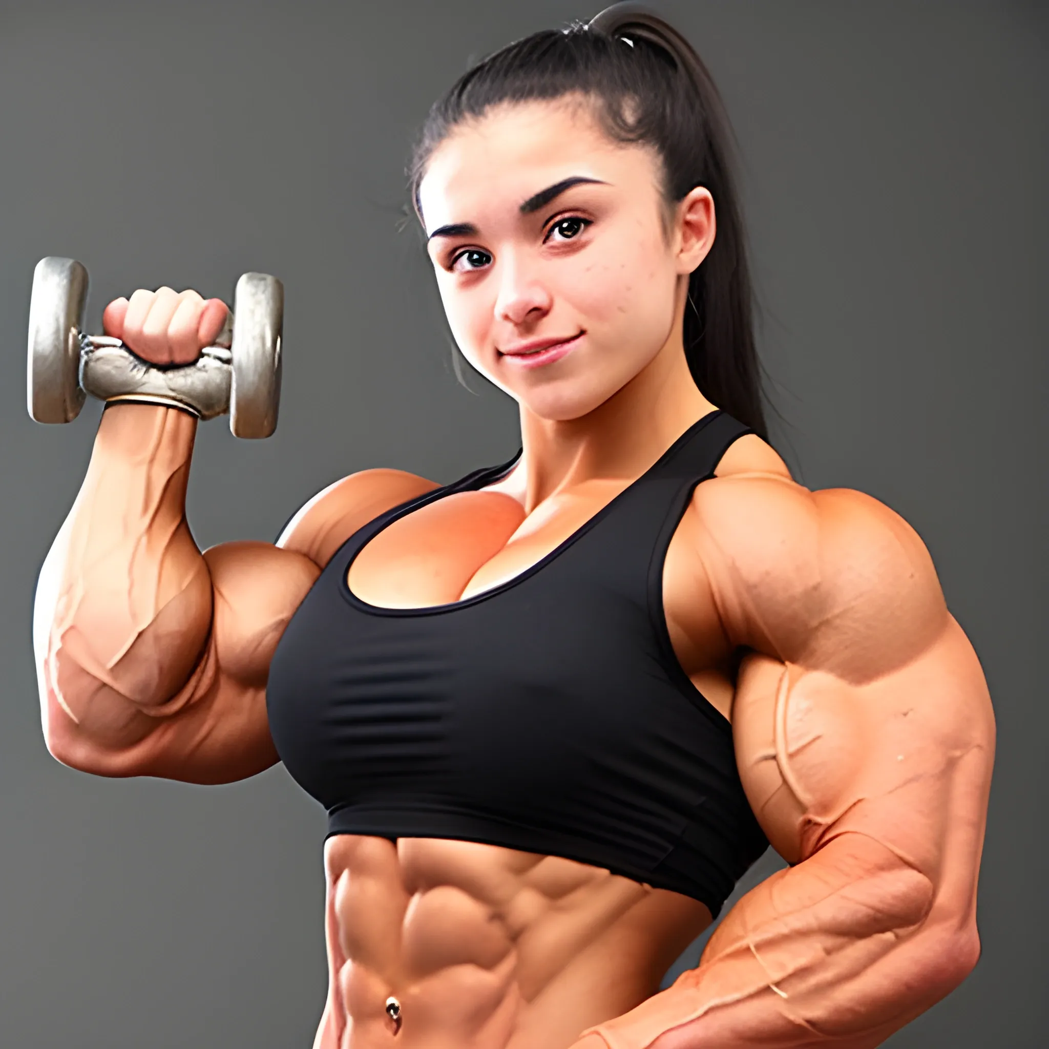 20 year old hyper-muscled female bodybuilder with 20 inch biceps