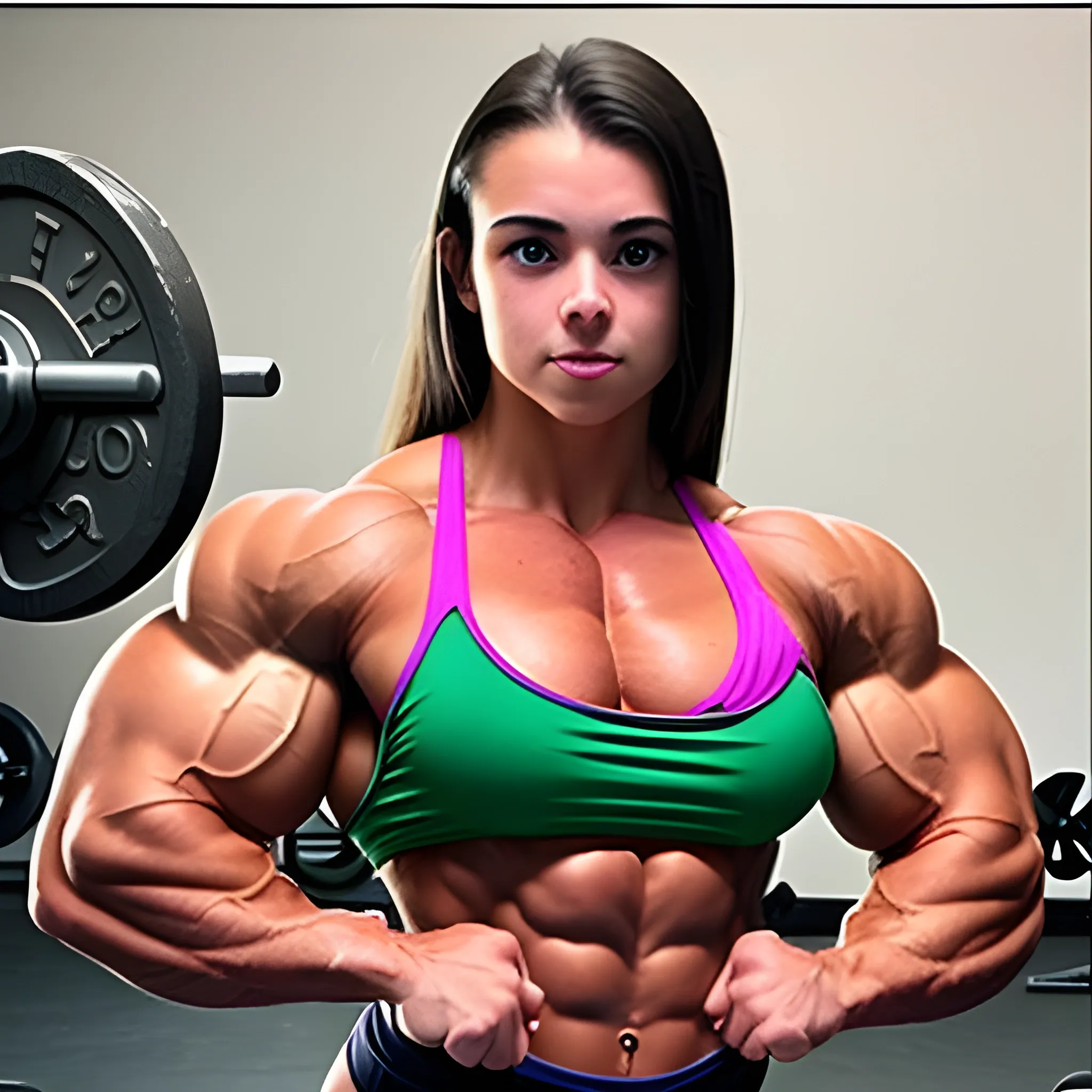 20 year old hyper-muscled female bodybuilder with 20 inch biceps