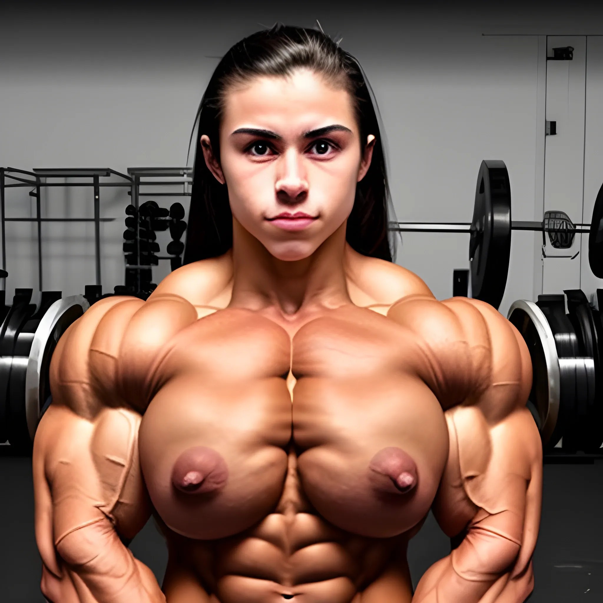 20 year old hyper-muscled female bodybuilder with 25 inch biceps