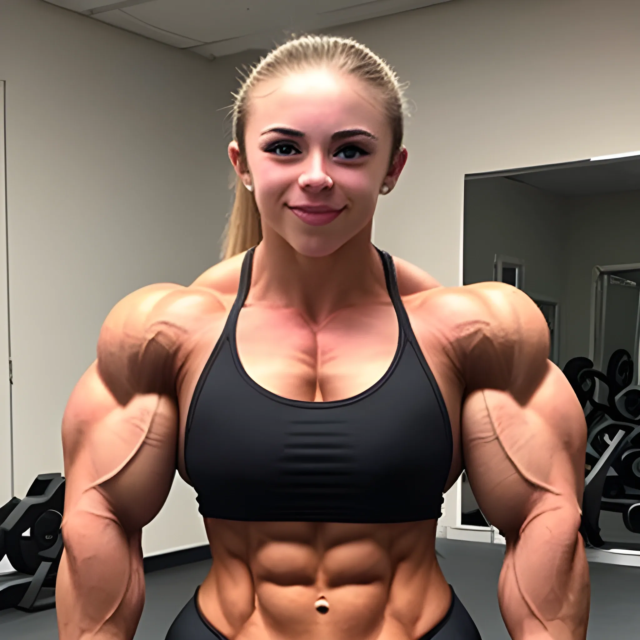 20 year old hyper-muscled female bodybuilder with 20 inch biceps