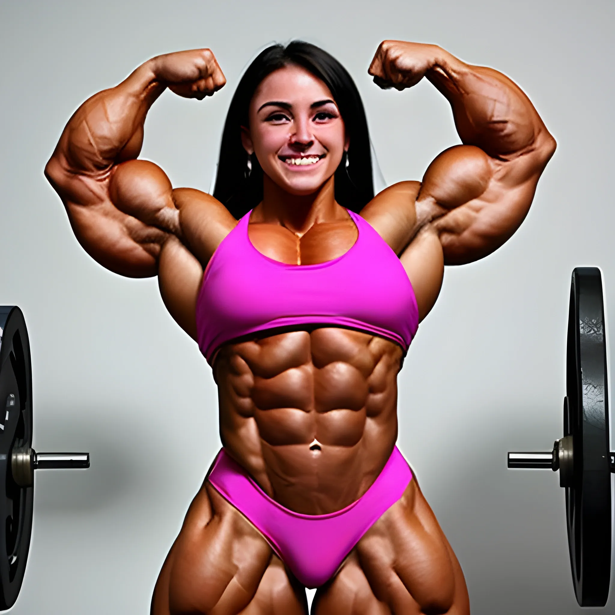 20 year old hyper-muscled female bodybuilder with 20 inch biceps