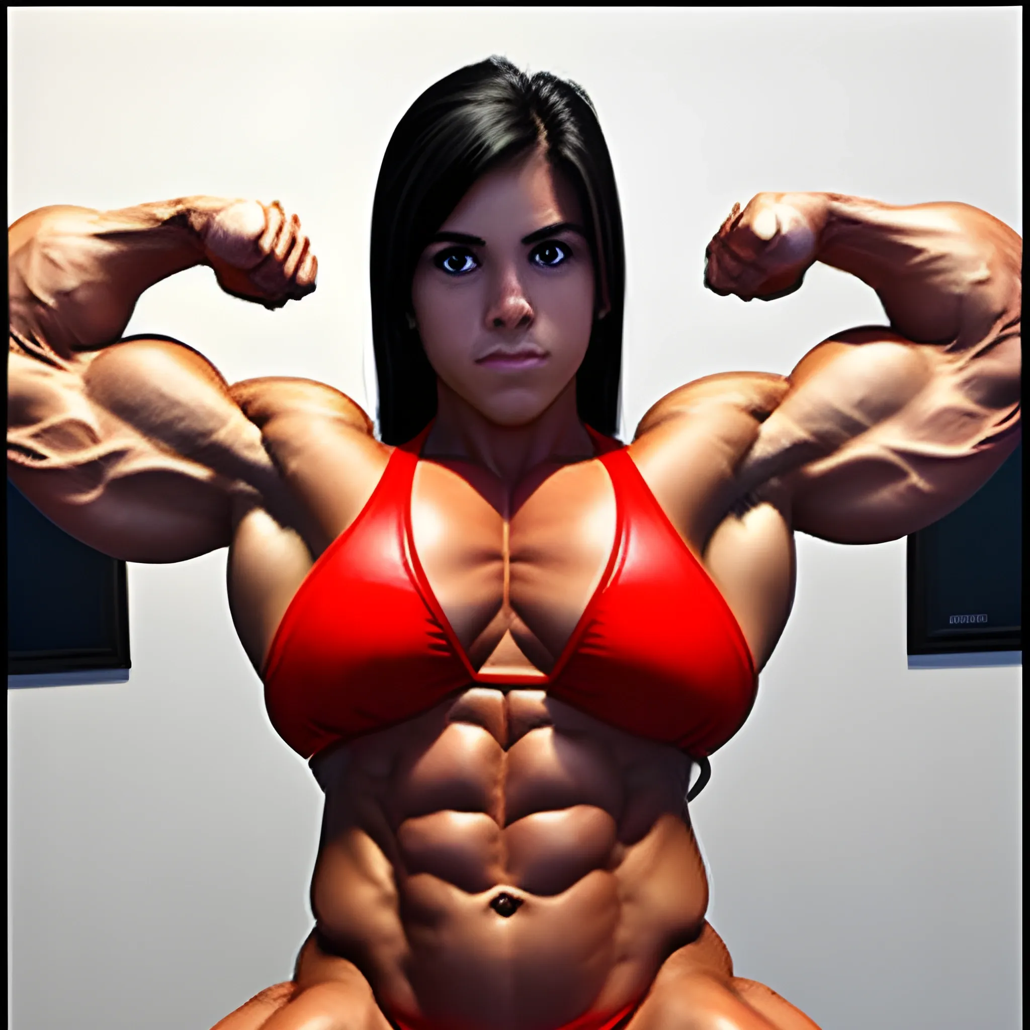 20 year old hyper-muscled female bodybuilder with 25 inch biceps