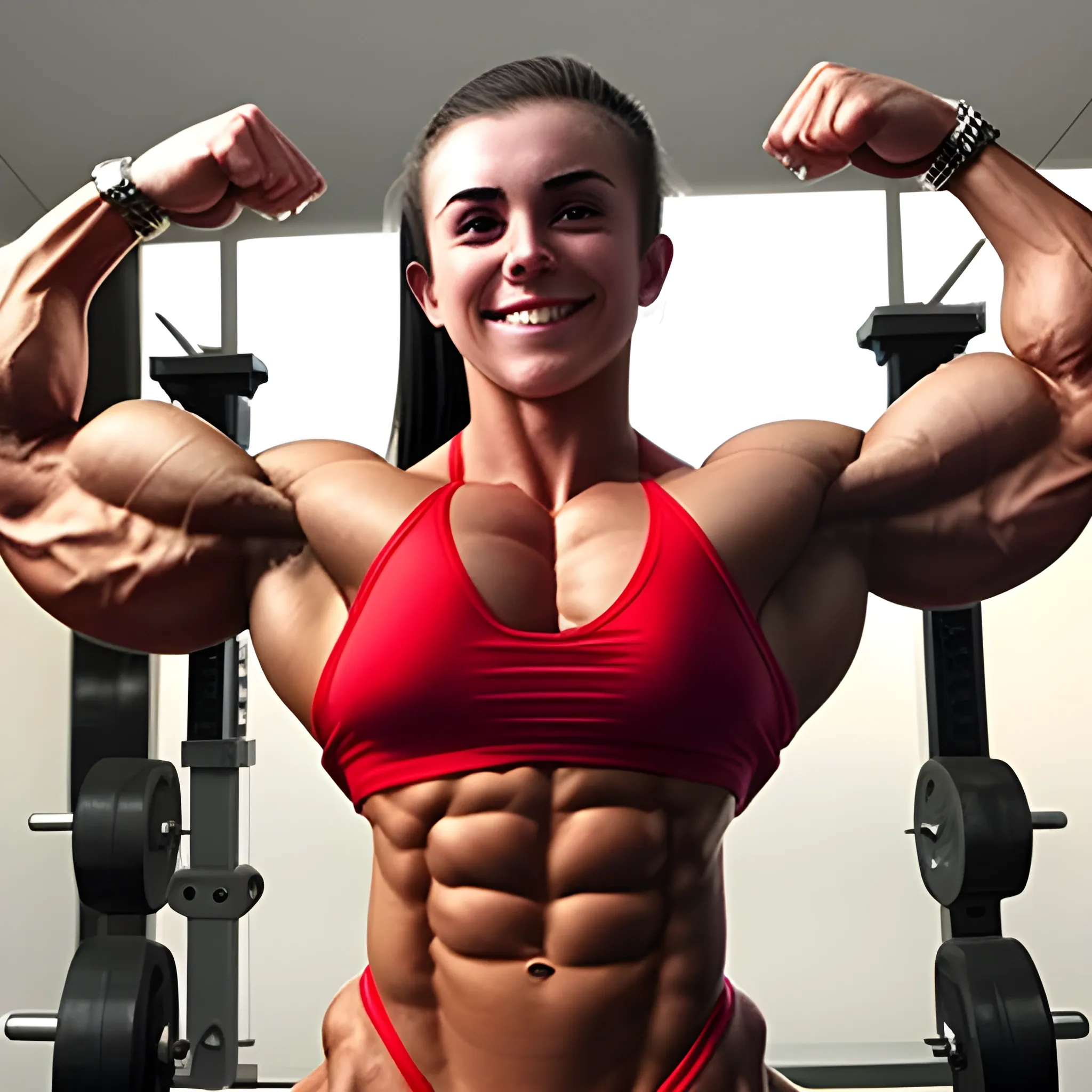 20 year old hyper-muscled female bodybuilder with 25 inch biceps