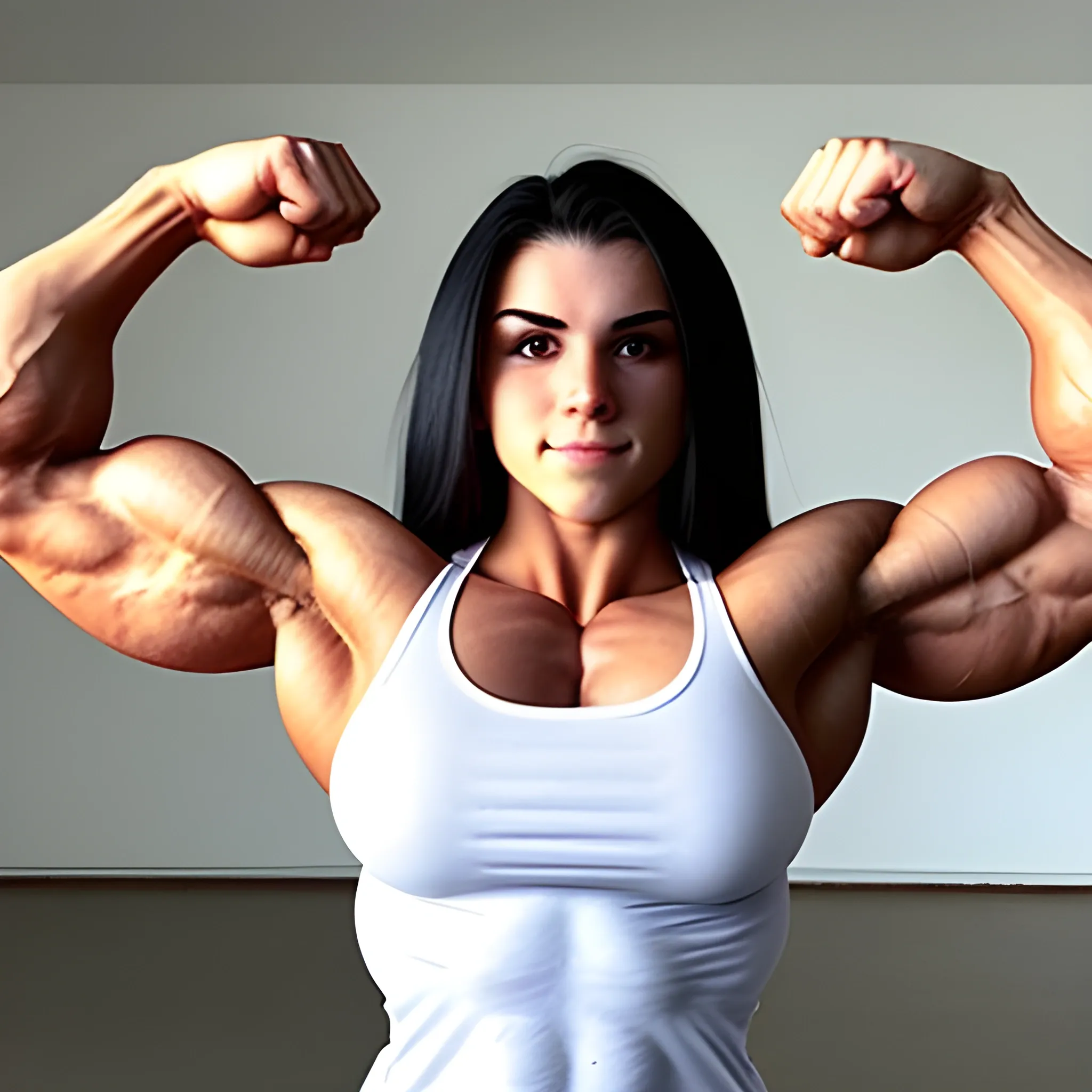 20 year old hyper-muscled female bodybuilder with 25 inch biceps, wearing white t-shirt