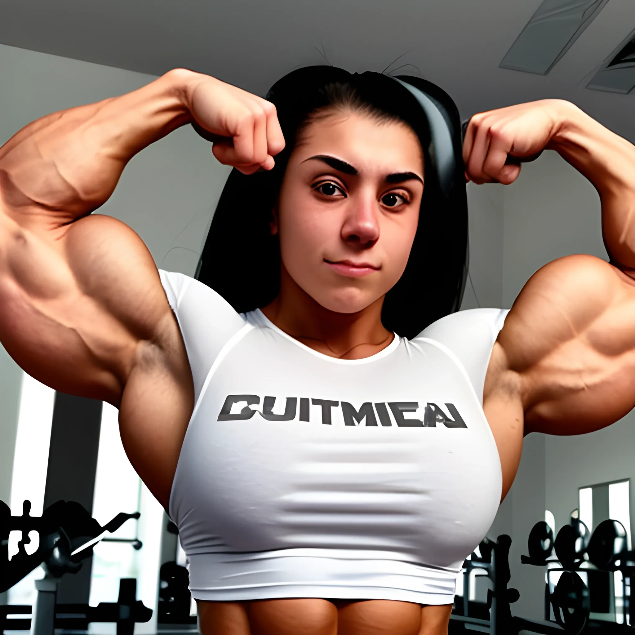 20 year old hyper-muscled female bodybuilder with 25 inch biceps, wearing white short sleeve t-shirt