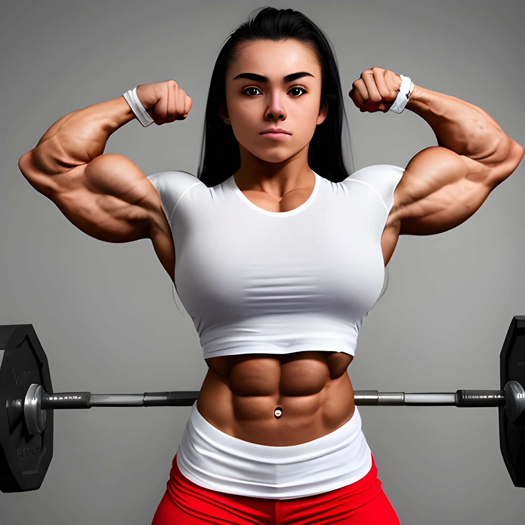 20 year old hyper-muscled female bodybuilder with 25 inch biceps, wearing white short sleeve t-shirt