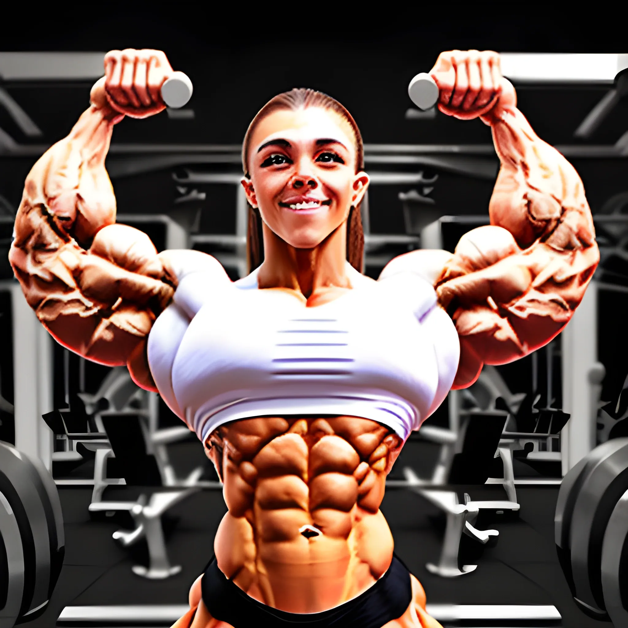 20 year old hyper-muscled female bodybuilder with 25 inch biceps, wearing white long sleeve shirt, ((((front lat spread pose))))