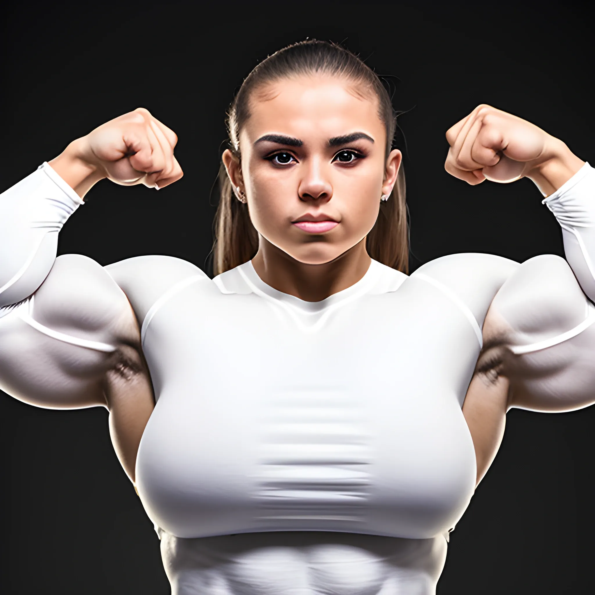 20 year old hyper-muscled female bodybuilder with 25 inch biceps, wearing white long sleeve shirt, compulsory bodybuilding pose