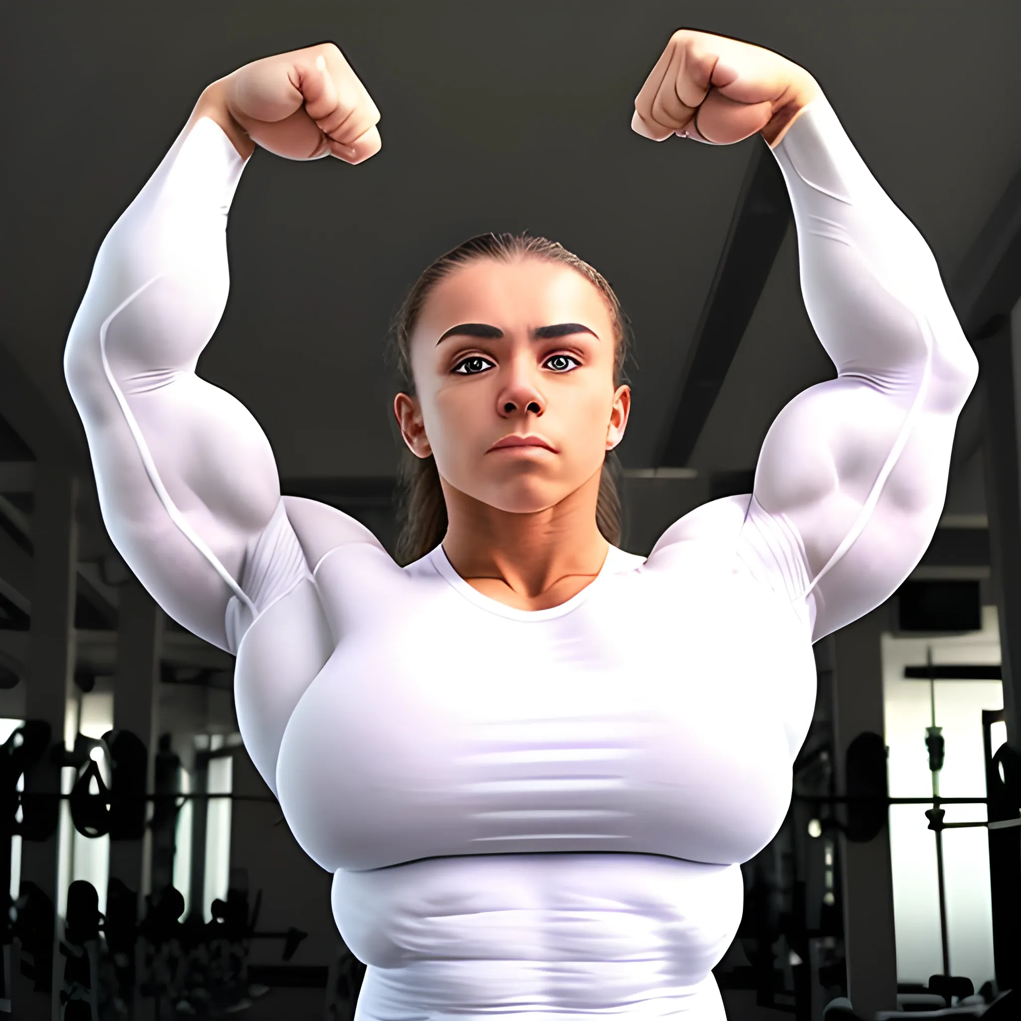 20 year old hyper-muscled female bodybuilder with 25 inch biceps, wearing white long sleeve shirt, compulsory bodybuilding pose