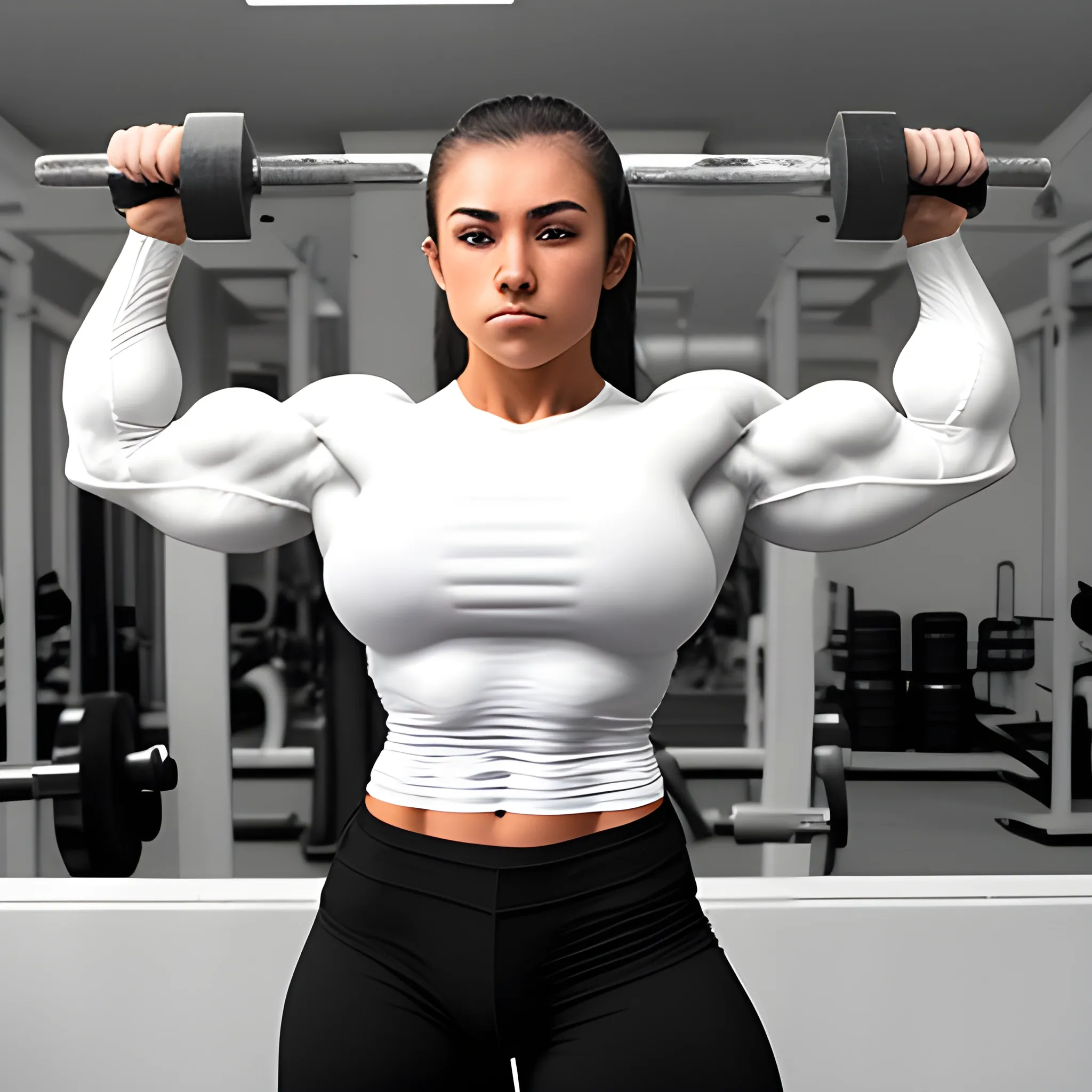 20 year old hyper-muscled female bodybuilder with 25 inch biceps, wearing white long sleeve shirt, compulsory bodybuilding pose