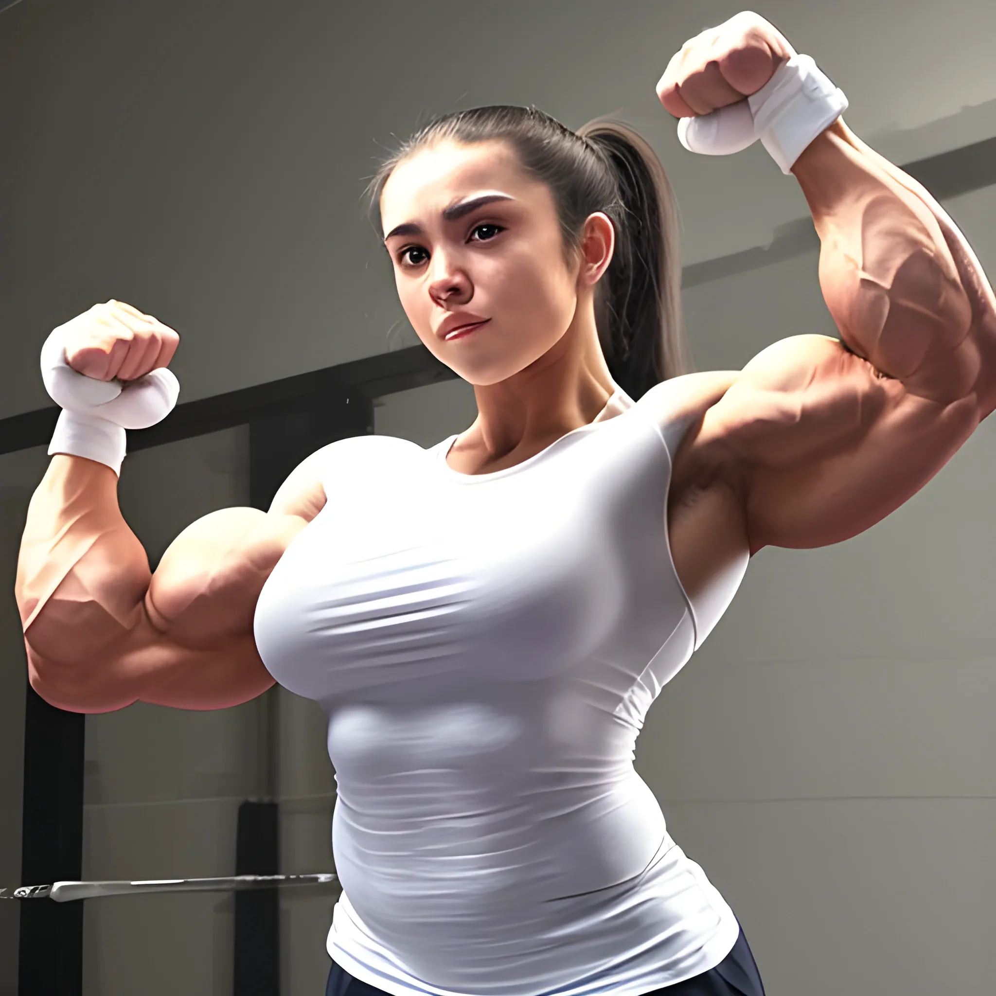 20 year old hyper-muscled female bodybuilder with 25 inch biceps, wearing white long sleeve shirt, compulsory bodybuilding pose