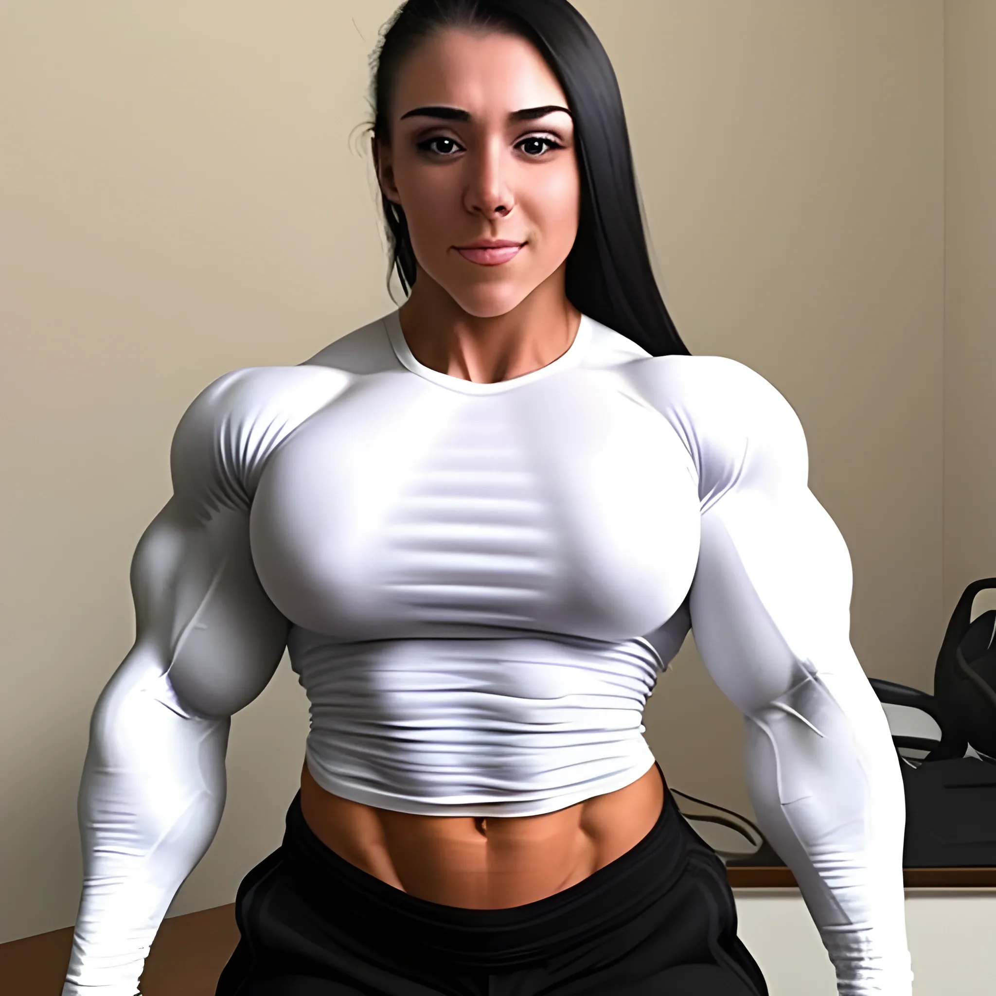 20 year old hyper-muscled female bodybuilder with 25 inch biceps, wearing white long sleeve shirt, horny