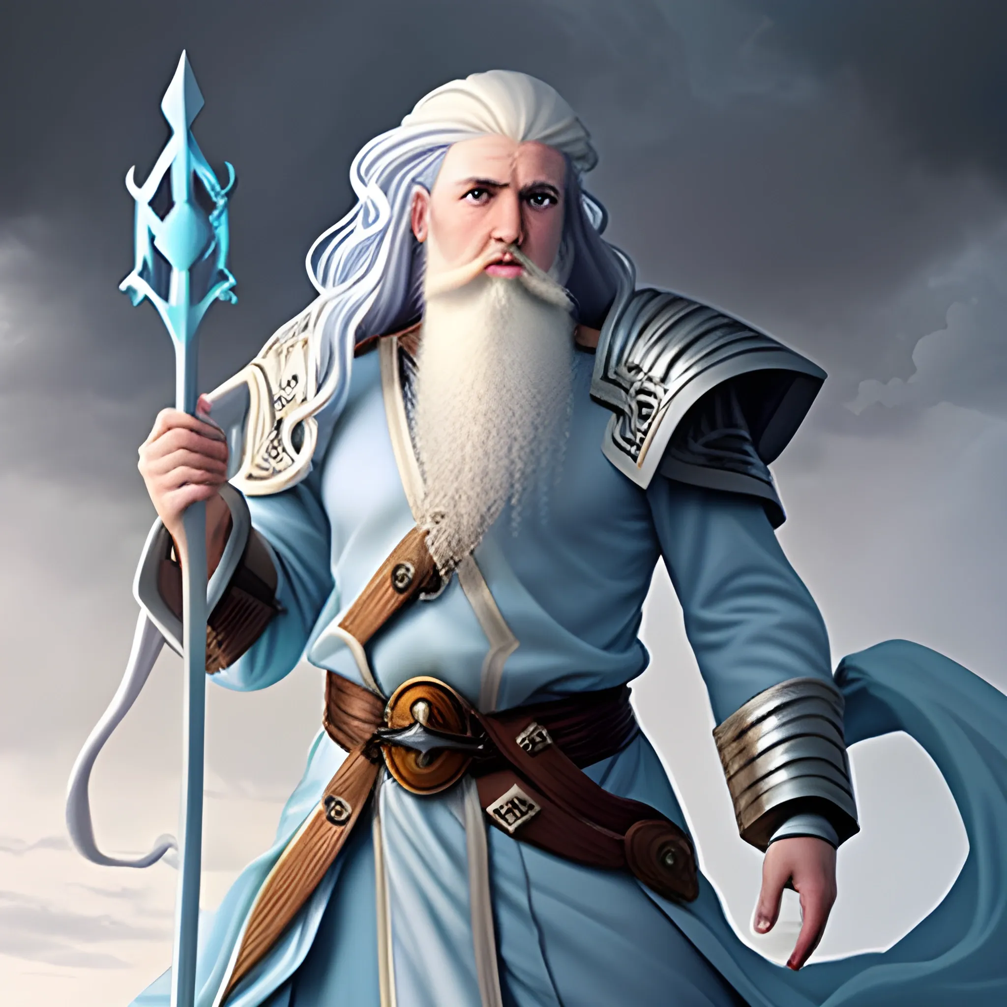 Storm cleric, male, pale blue skin, white hair, large curly beard, air genasi, holding warhammer