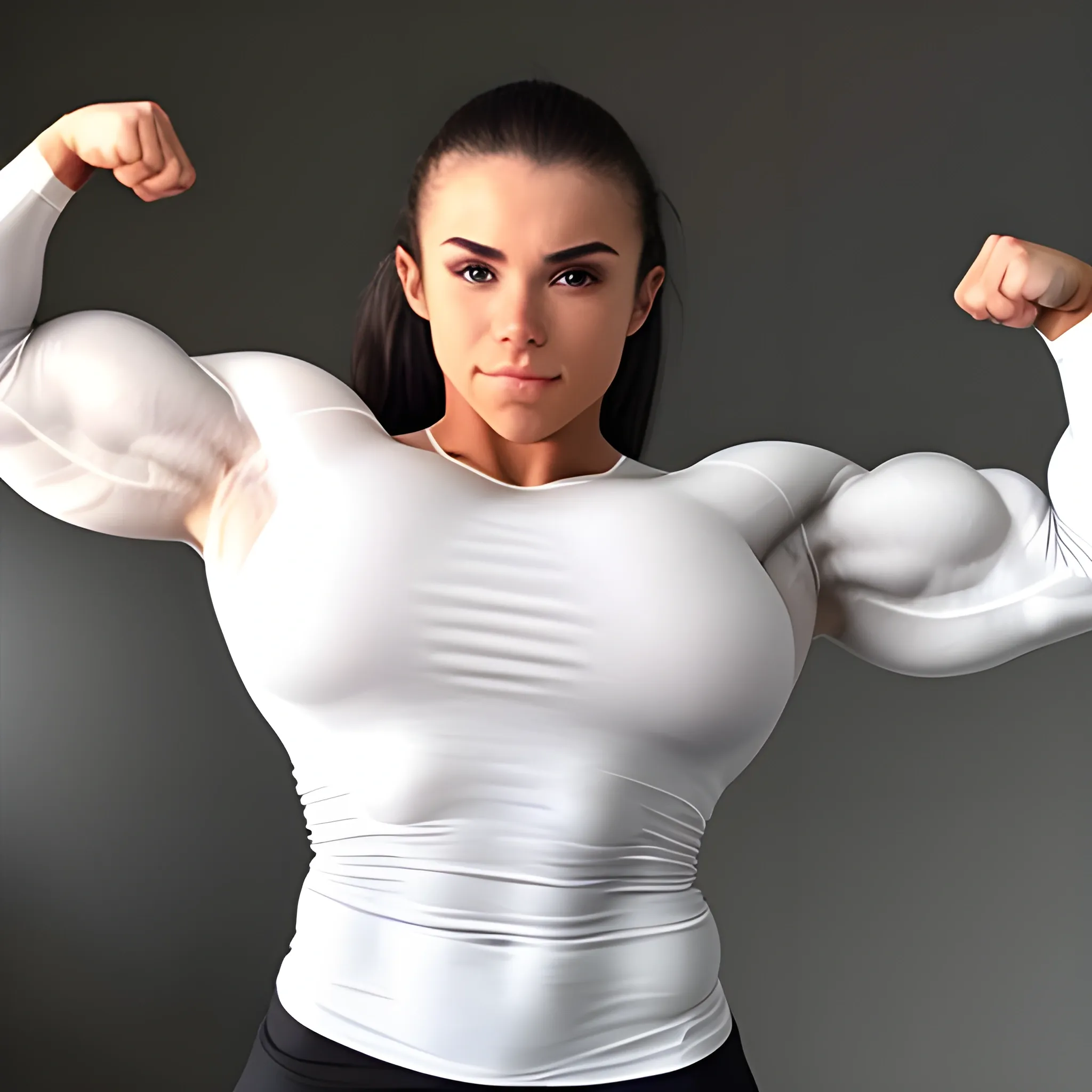 20 year old hyper-muscled female bodybuilder with 25 inch biceps, wearing white long sleeve shirt, muscle worship