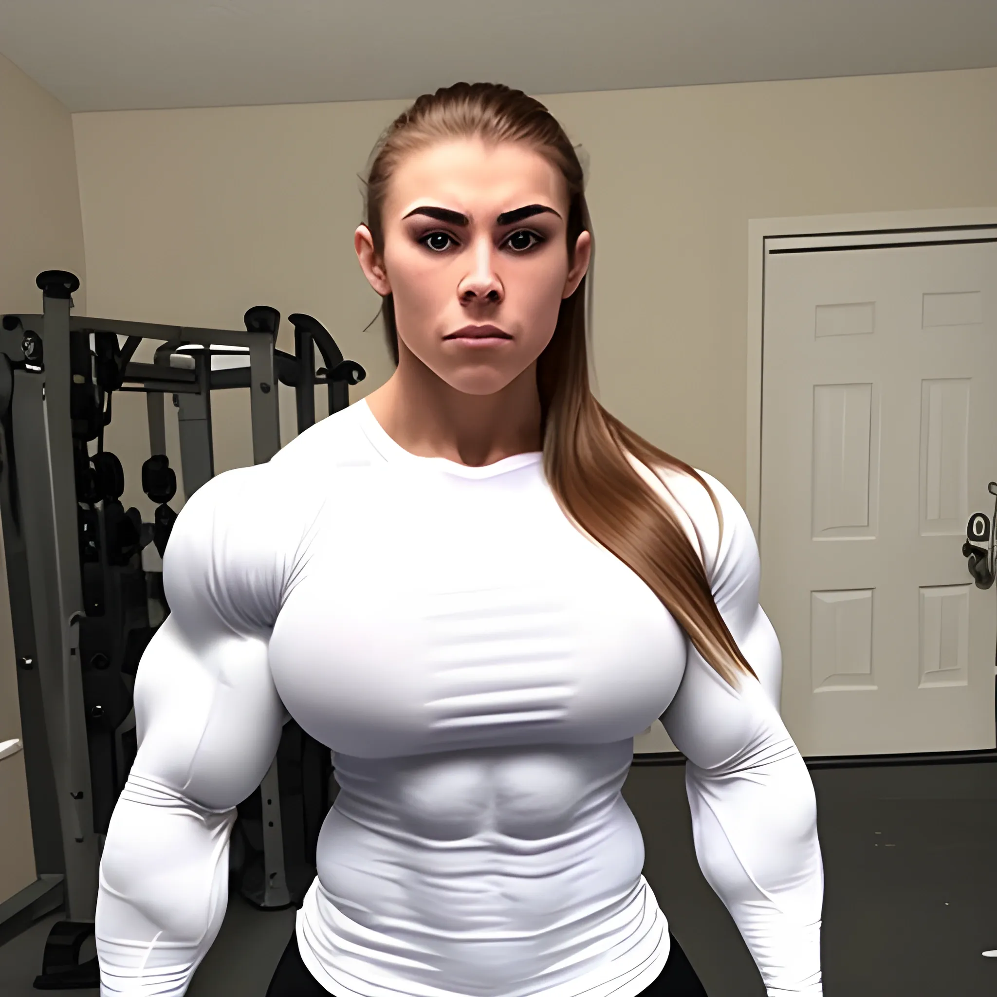 20 year old hyper-muscled female bodybuilder with 25 inch biceps, wearing white long sleeve shirt, muscle worship