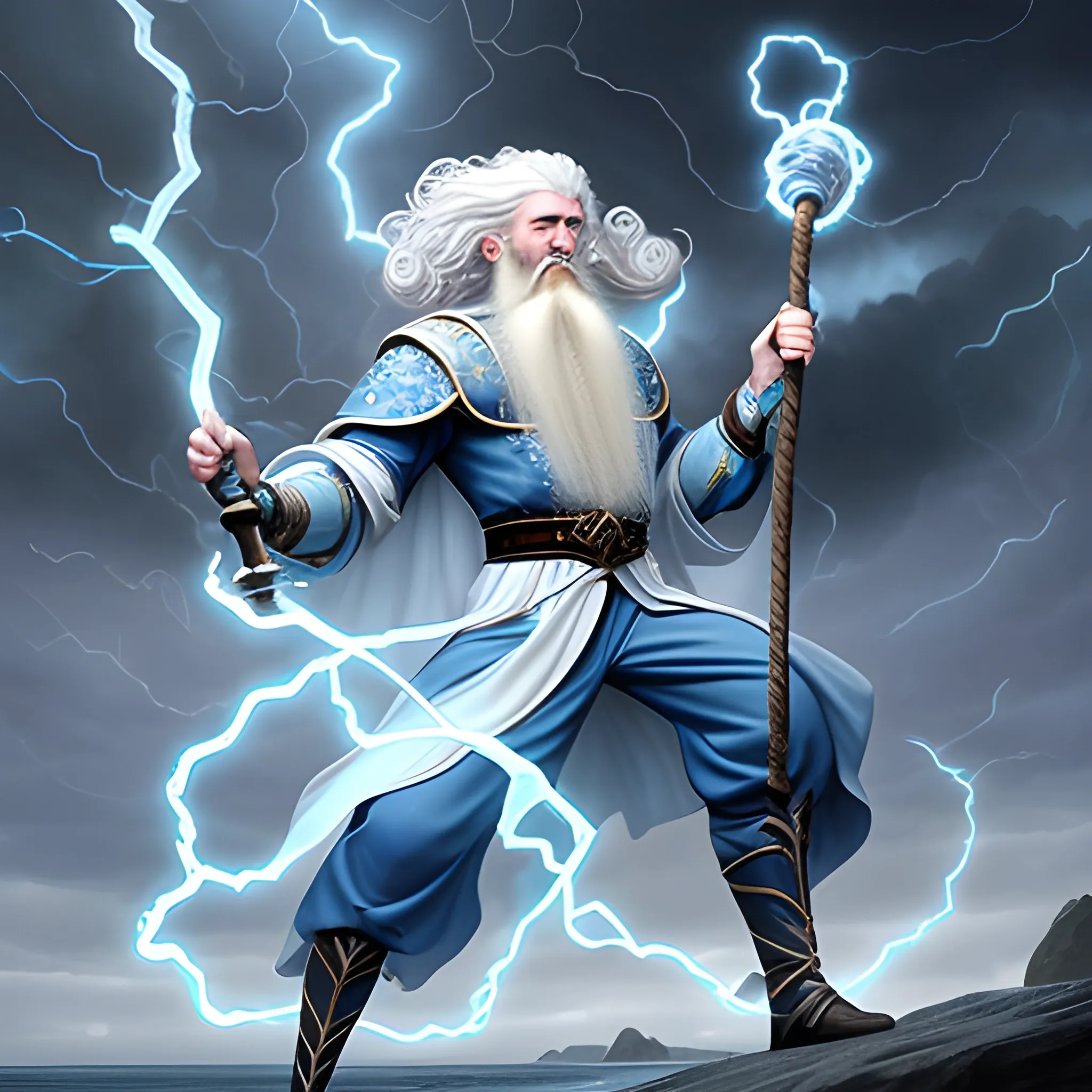 Storm cleric, male, pale blue skin, white hair, large curly beard, air genasi, swinging a mace, during a lighting storm