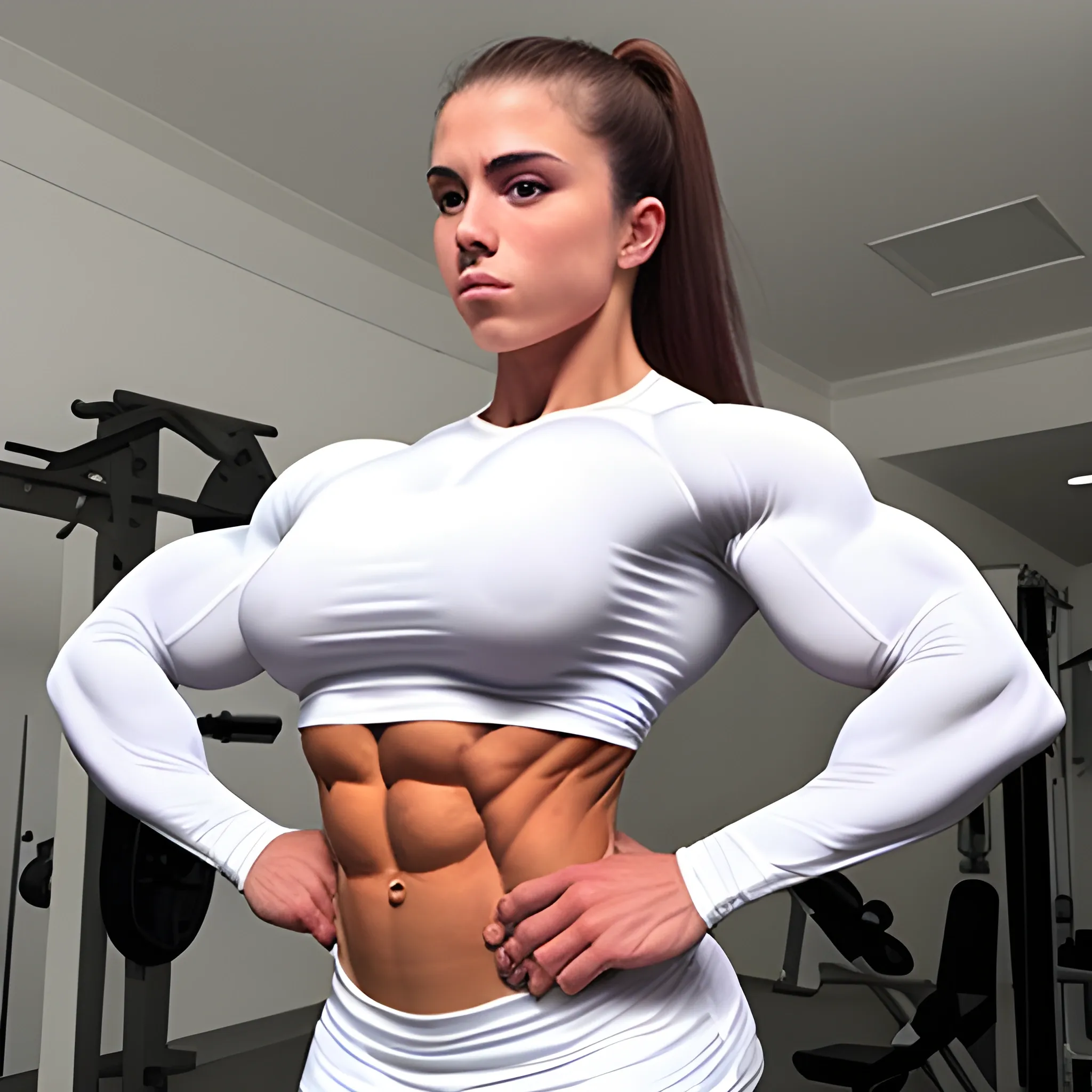 20 year old hyper-muscled female bodybuilder with 25 inch biceps, wearing white long sleeve shirt, muscle worship