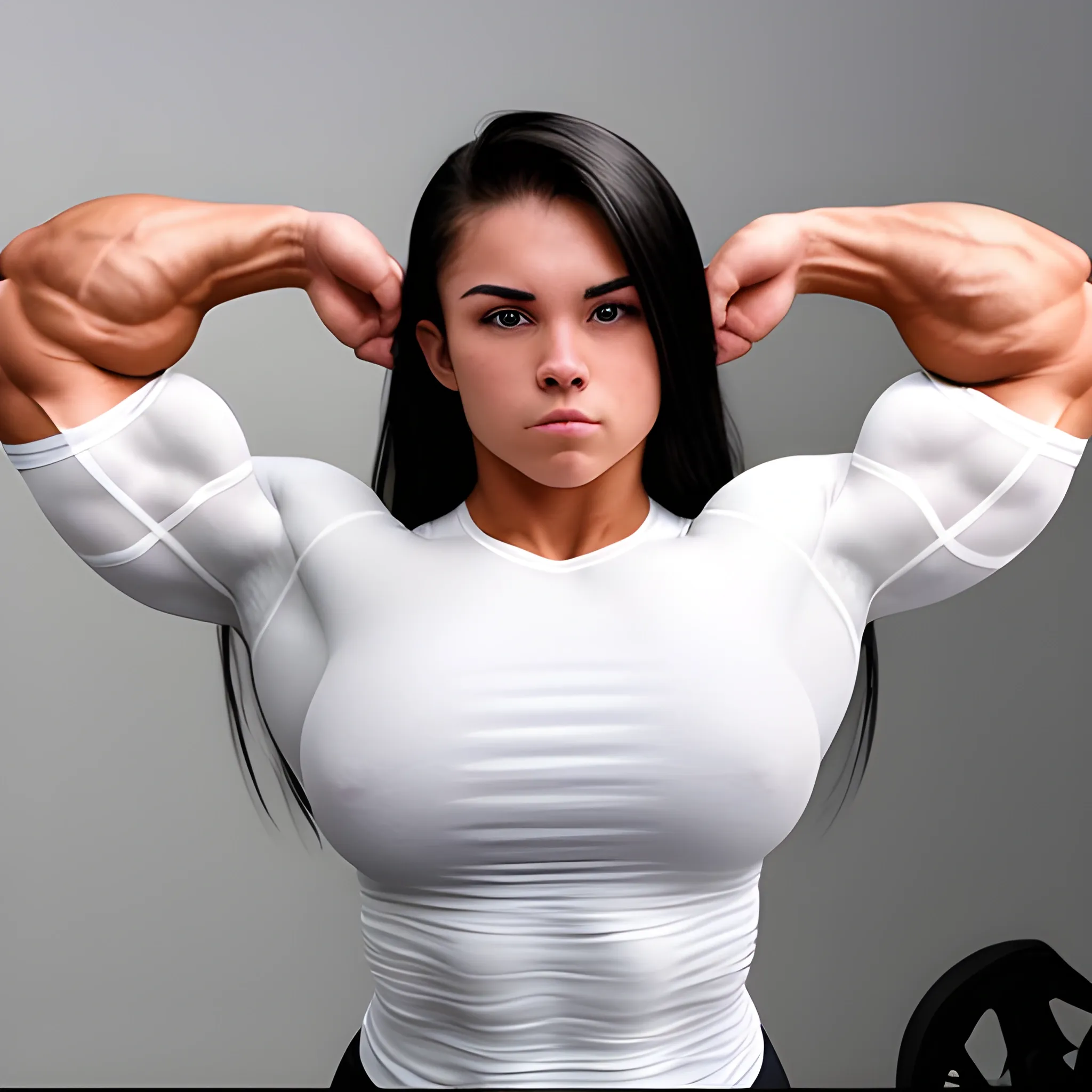 20 year old hyper-muscled female bodybuilder with 25 inch biceps, wearing white long sleeve shirt, muscle worship, sweat on face