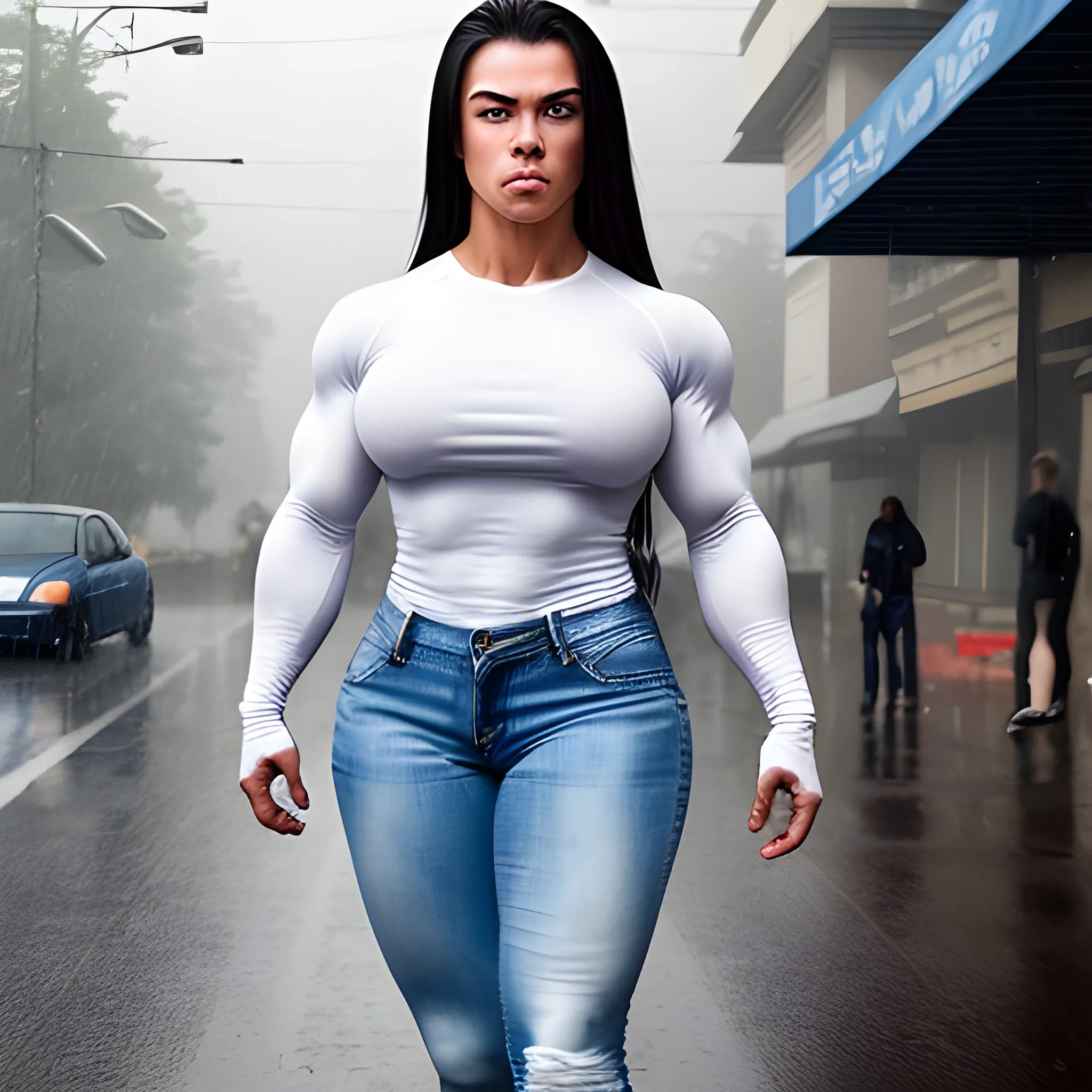 20 year old hyper-muscled female bodybuilder with 25 inch biceps, wearing white long sleeve shirt, wearing tight denim jeans, walking on street in downpour, no umbrella