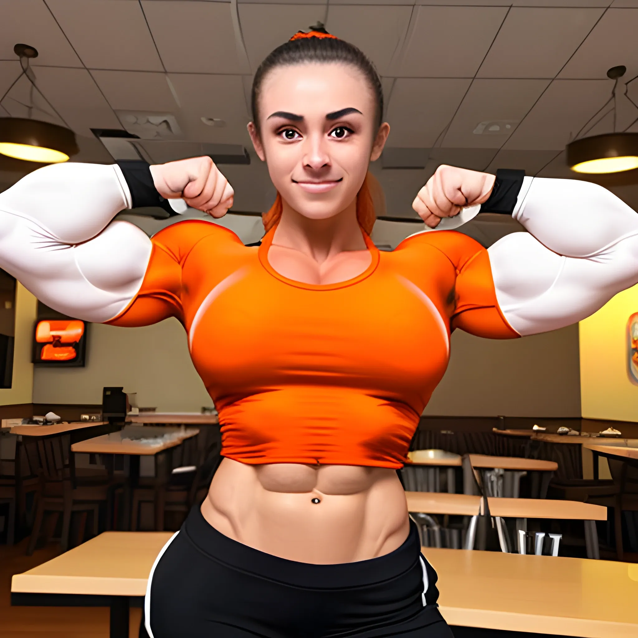 20 year old hyper-muscled female bodybuilder with 25 inch biceps, 30 inch quads, 25 inch waist, wearing white cotton mid-sleeve t-shirt, wearing orange satin short shorts, working in restaurant as a waitress