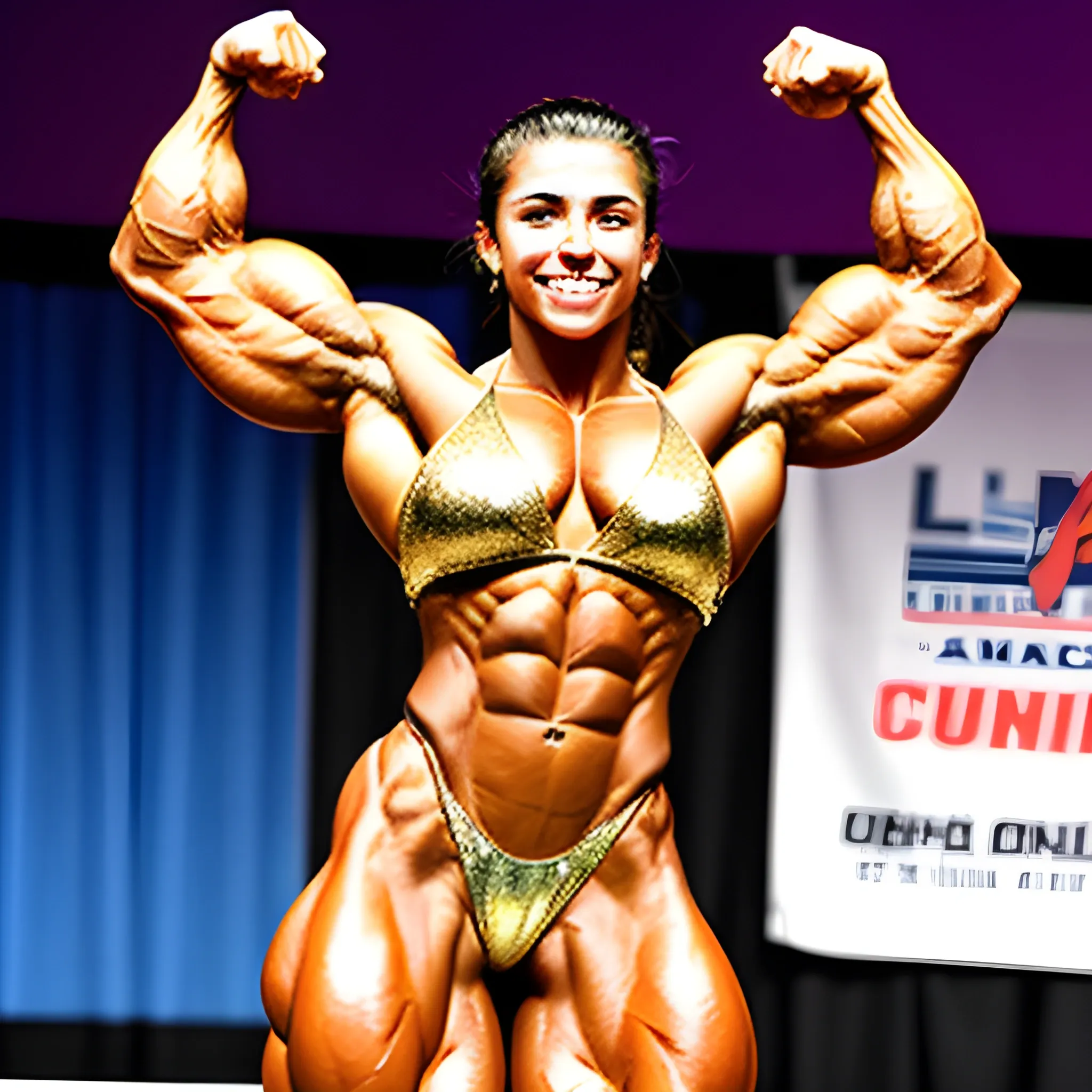 20 year old hyper muscled female bodybuilder with 25 inch biceps at bodybuilding contest, wearing gold medal 