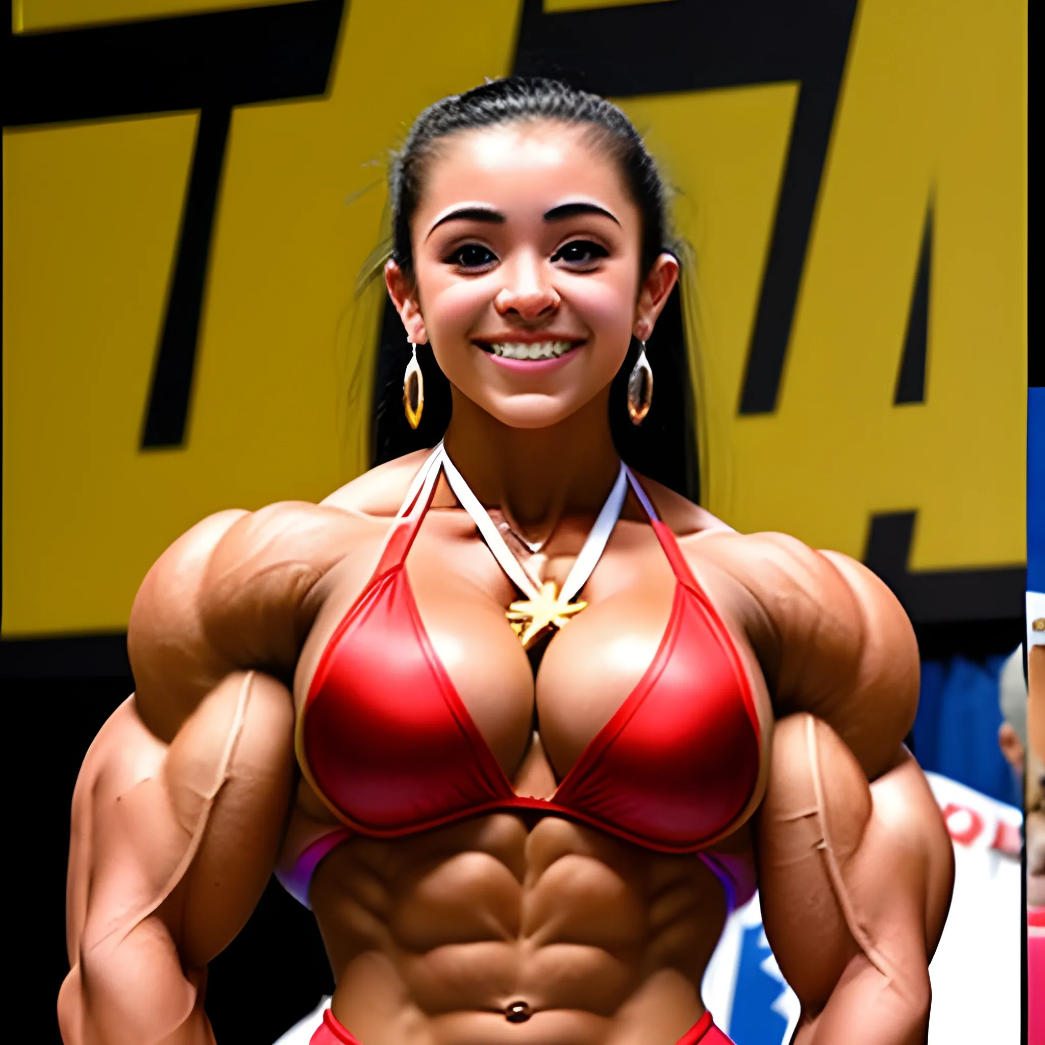 20 year old hyper muscled female bodybuilder with 25 inch biceps at bodybuilding contest, wearing Olympic medal around neck