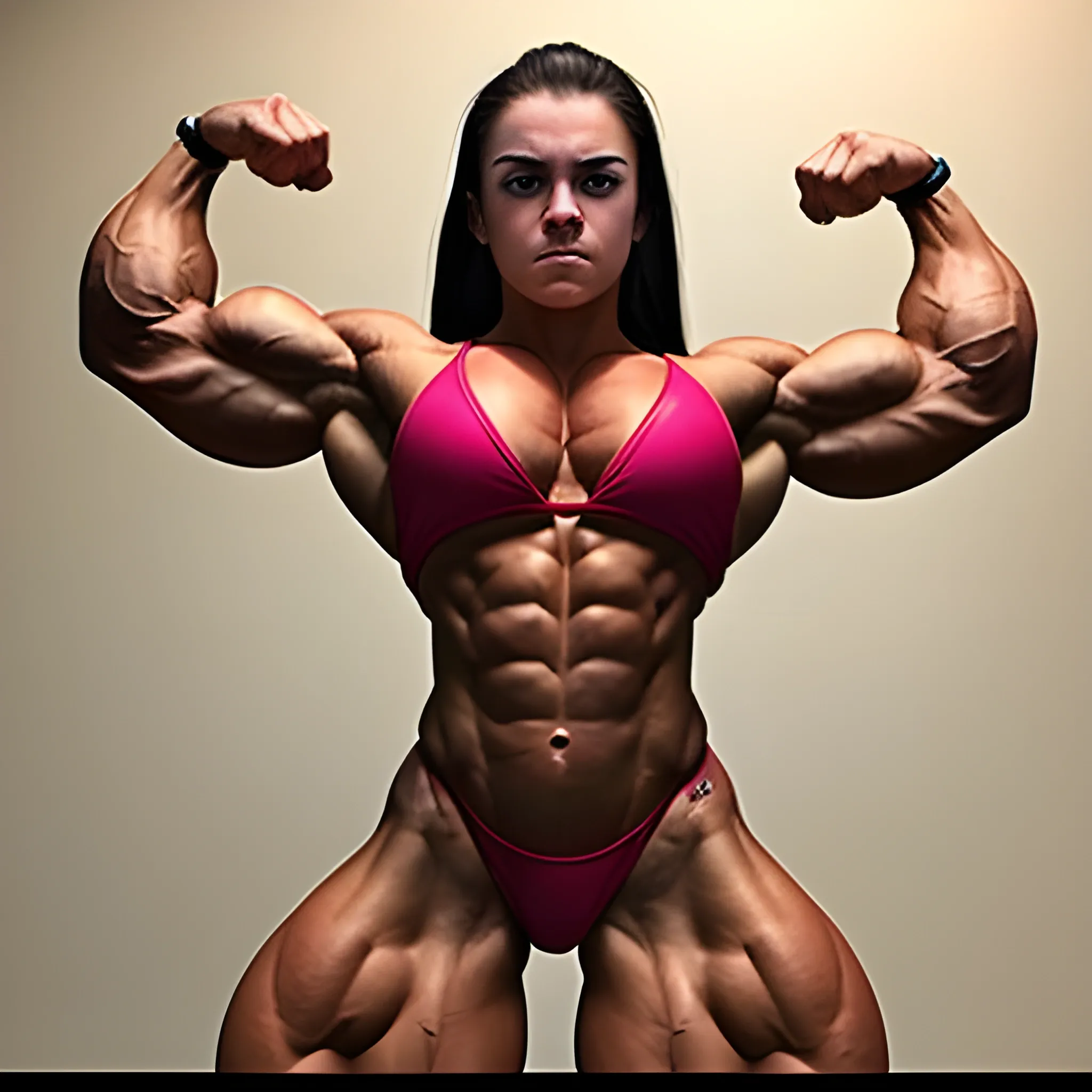 20 year old hyper-muscled female bodybuilder with 25 inch biceps, looking down at her own biceps