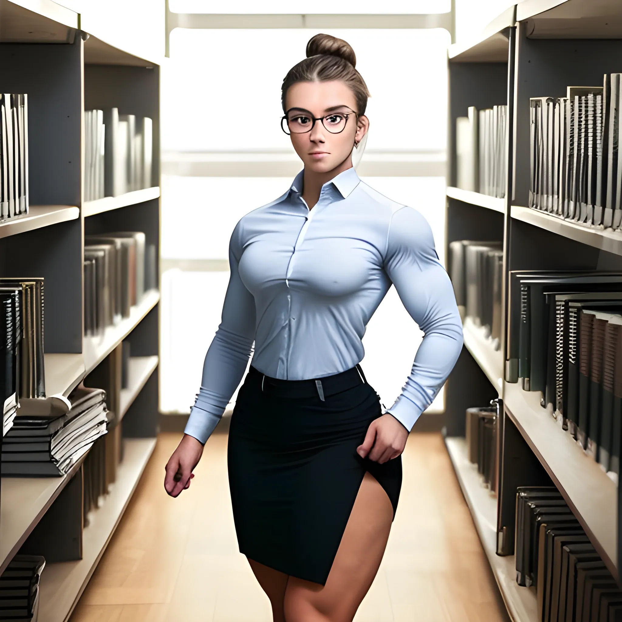 20 year old hyper-muscled female bodybuilder with 25 inch biceps, hair in a bun, wearing black rimmed glasses at end of nose, wearing tight button-down long sleeve oxford shirt, wearing tight knee-length skirt, wearing high heel shoes, working in library