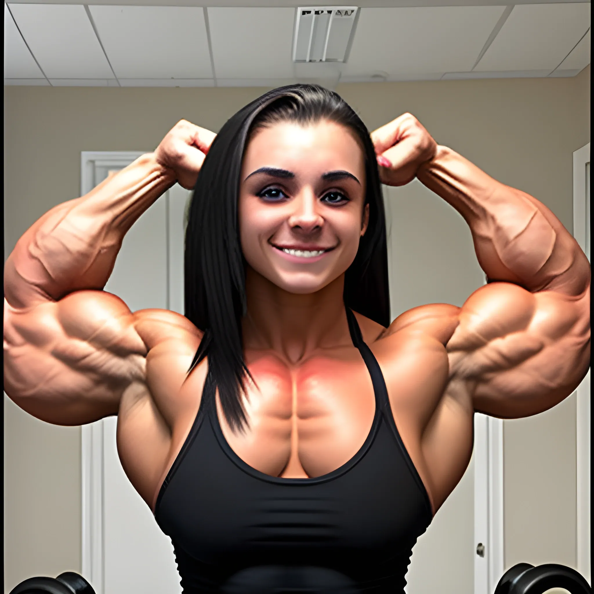 20 year old hyper-muscled female bodybuilder with 25 inch biceps, admiring her own biceps