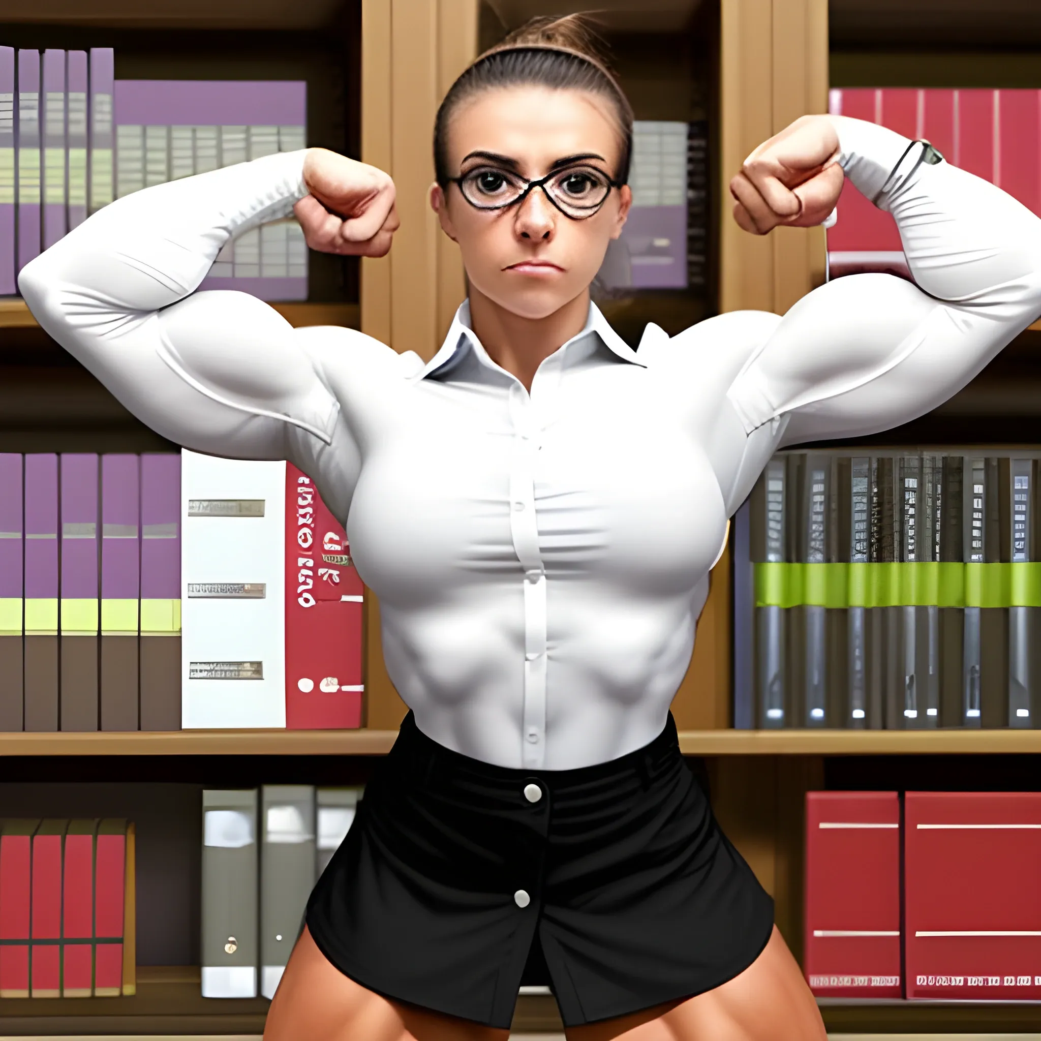 20 year old hyper-muscled female bodybuilder with 25 inch biceps, hair in a bun, wearing black rimmed glasses at end of nose, wearing tight button-down long sleeve oxford shirt, wearing tight knee-length skirt, muscles stretching clothing to its limits, wearing high heel shoes, working in library