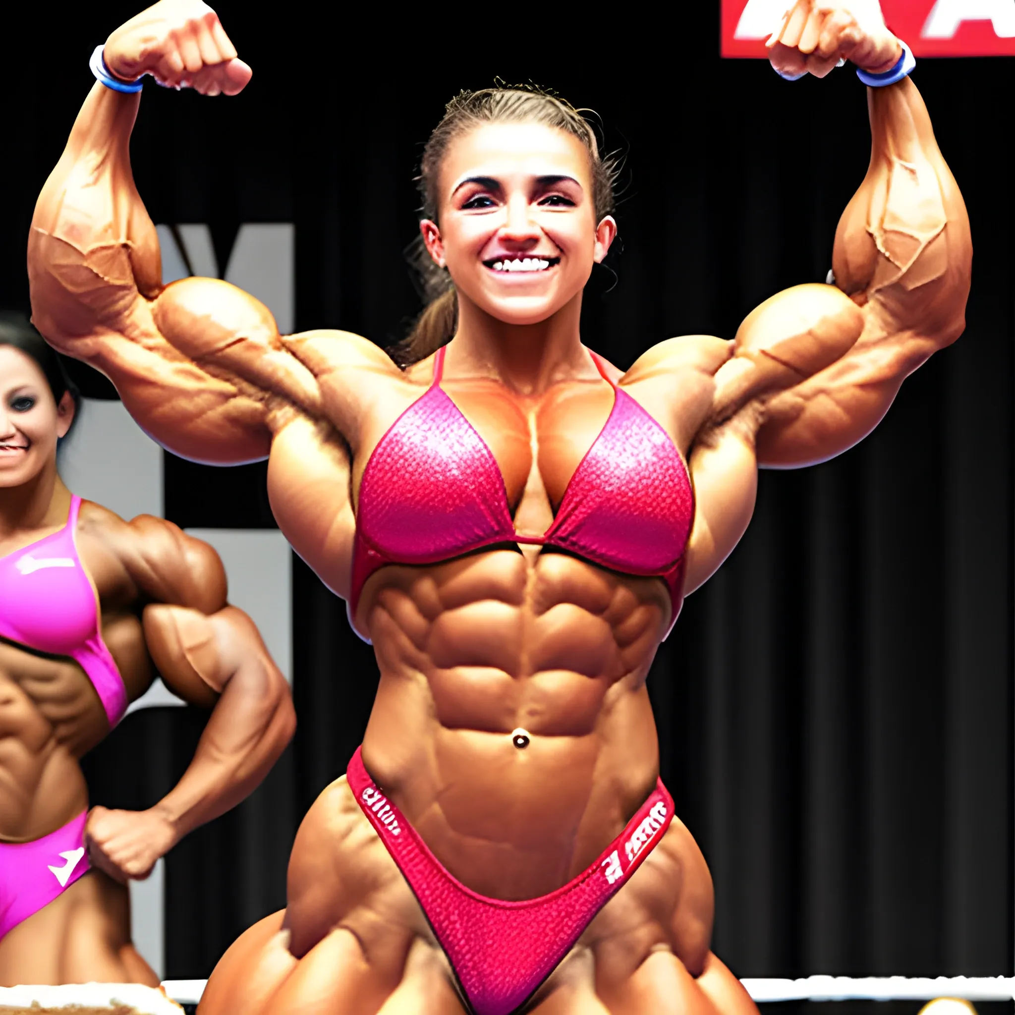 20 year old hyper muscled female bodybuilder with 25 inch biceps, winning at bodybuilding contest