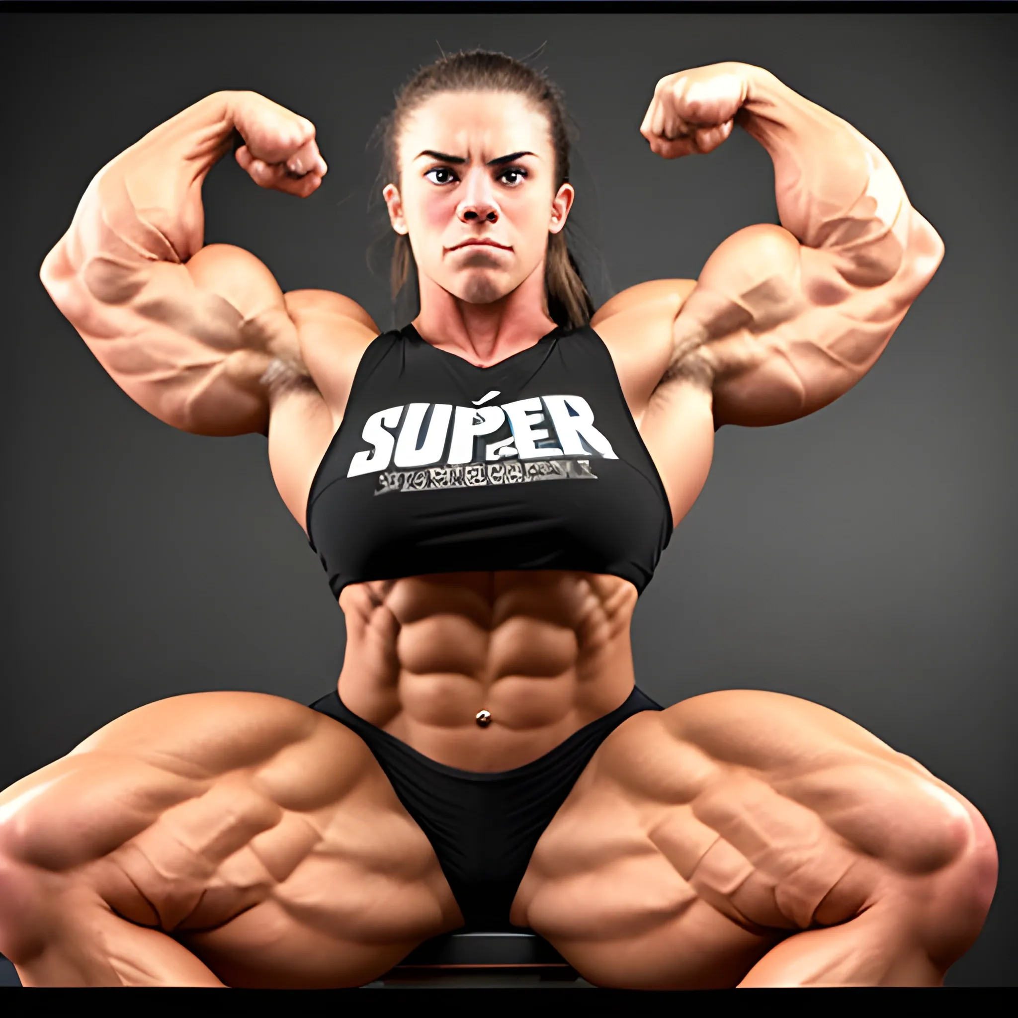 20 year old hyper-muscled female bodybuilder with 20 inch biceps, super angry