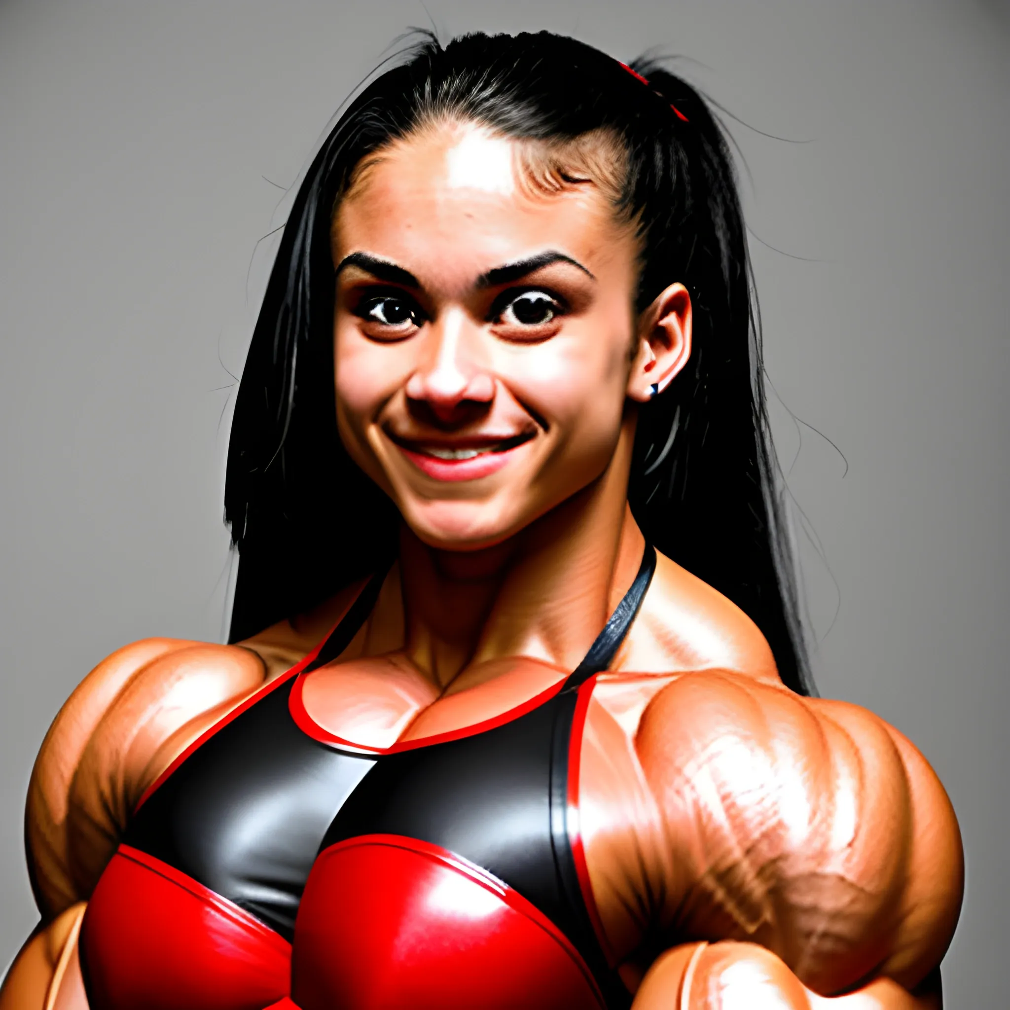 20 year old hyper muscled female bodybuilder with 25 inch biceps, winning at bodybuilding contest