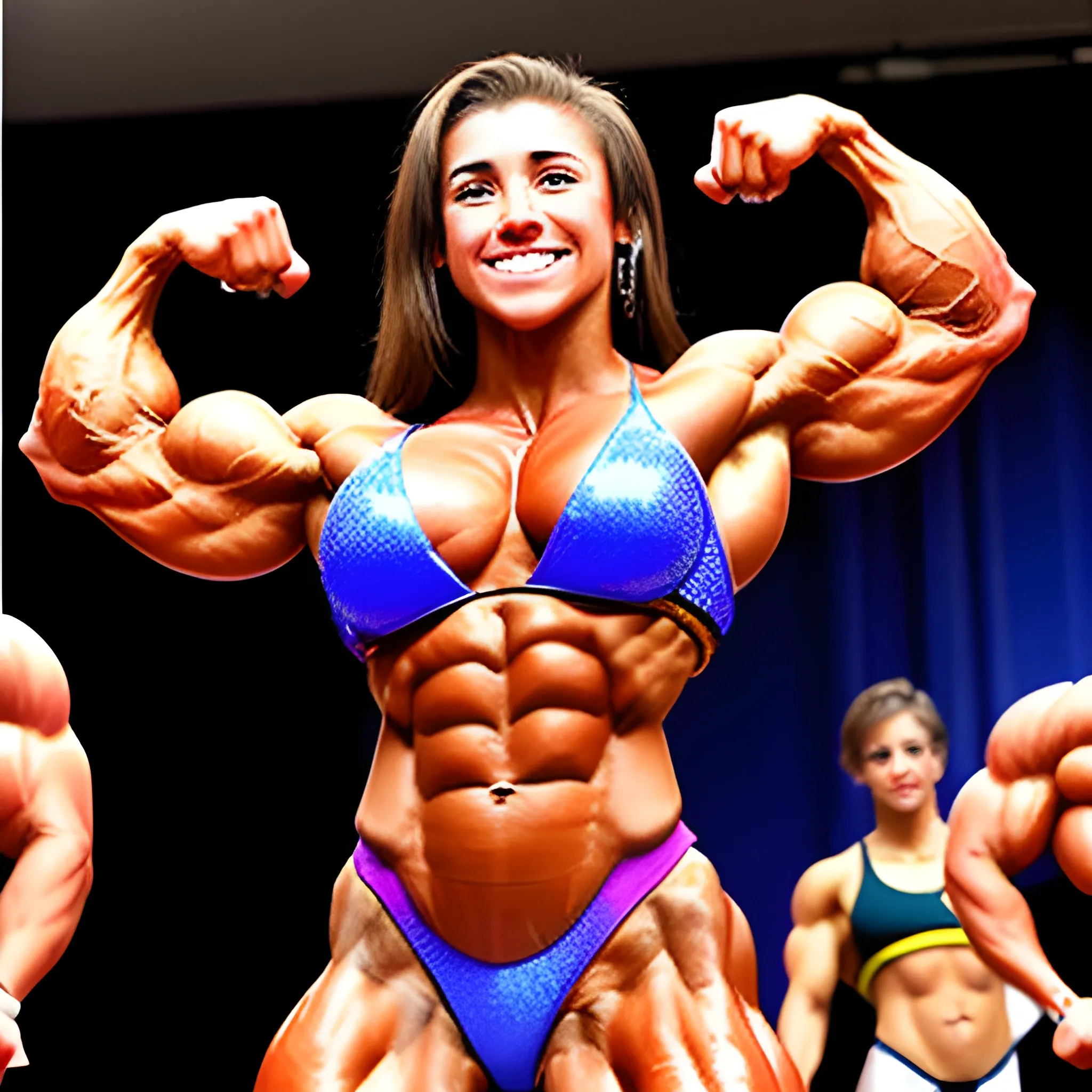 20 year old hyper muscled female bodybuilder with 25 inch biceps, winning at bodybuilding contest