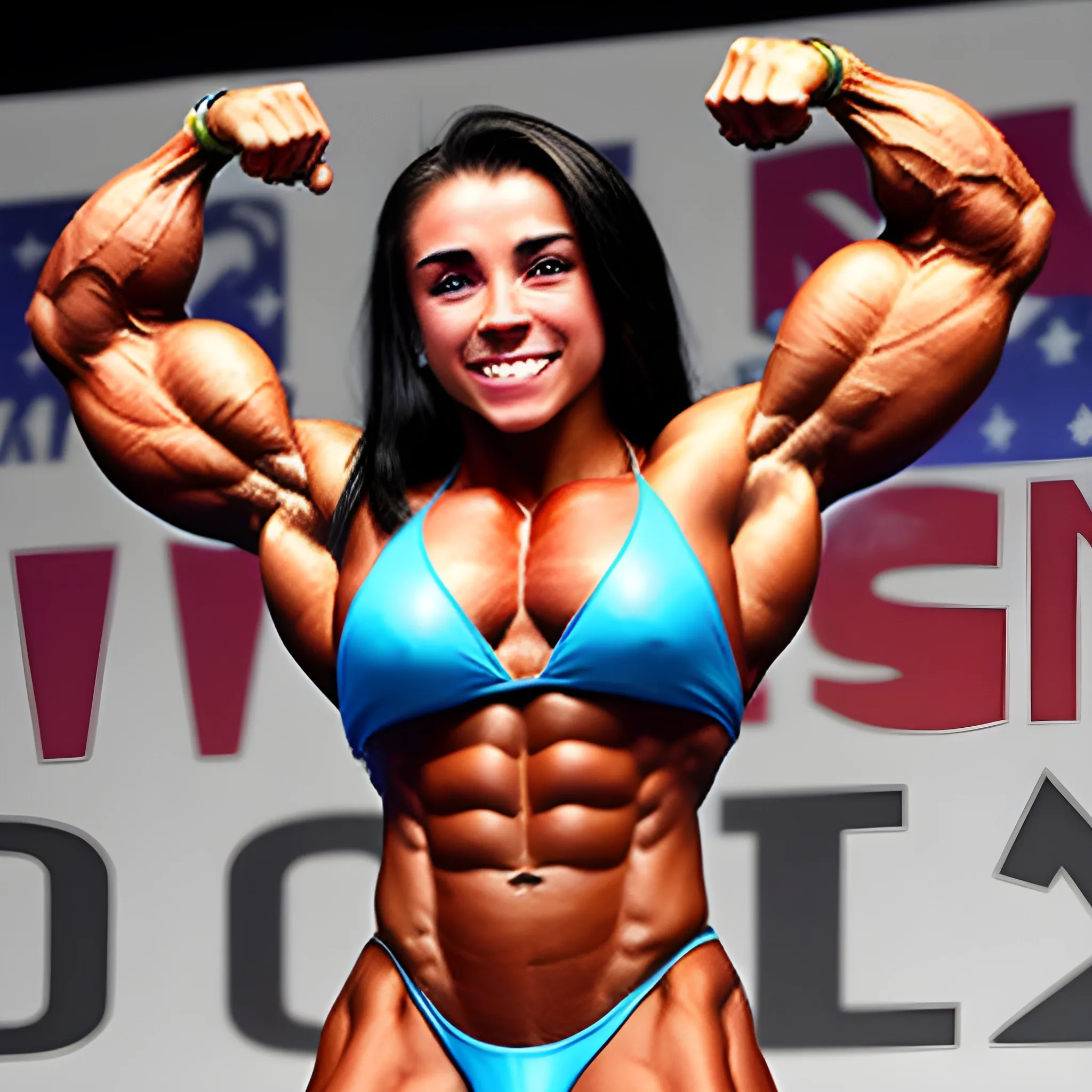 20 year old hyper muscled female bodybuilder with 25 inch biceps, winning at bodybuilding contest